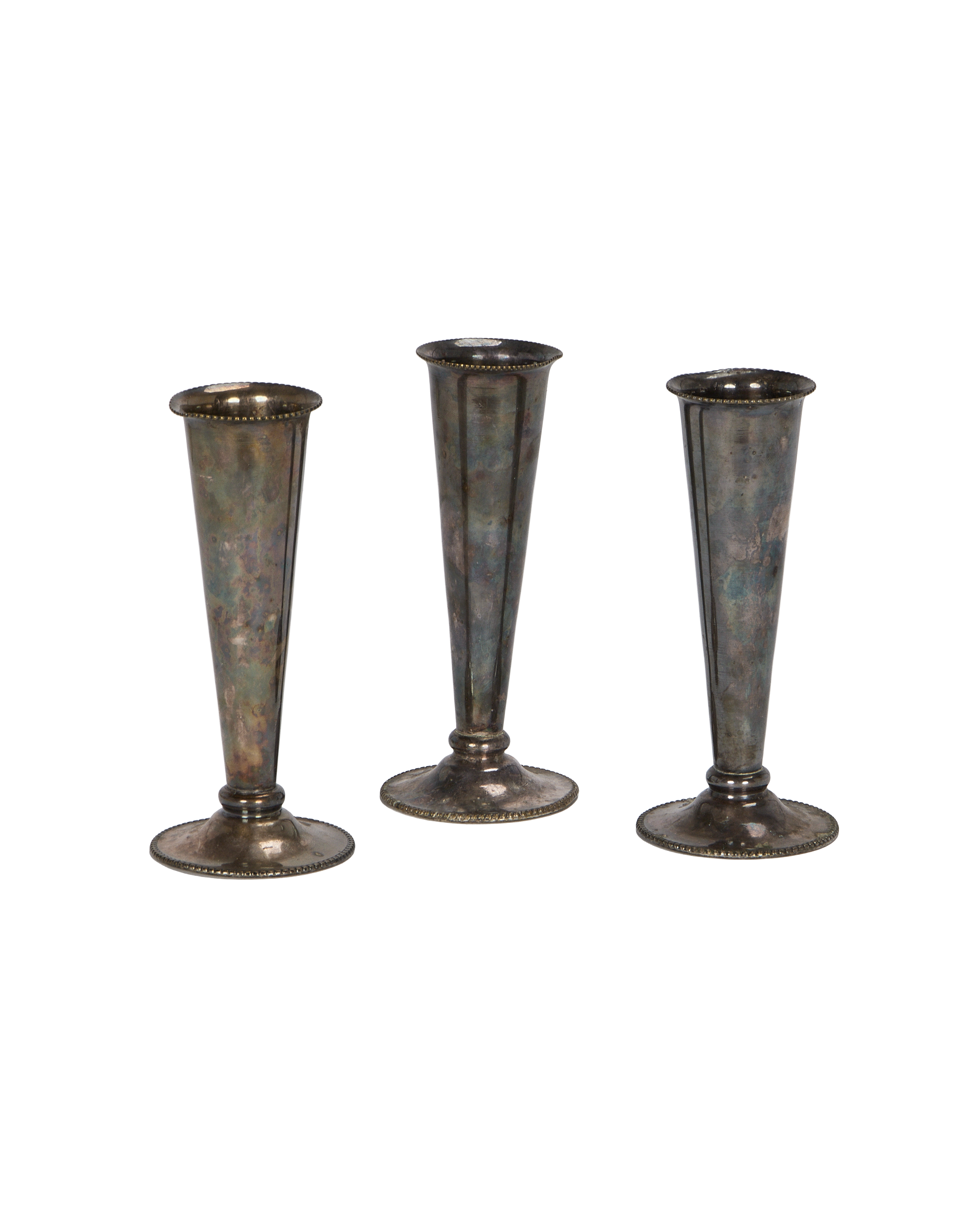 Three vintage French pewter Deco bud vases, tapered form, beaded rims and bases, bulk.