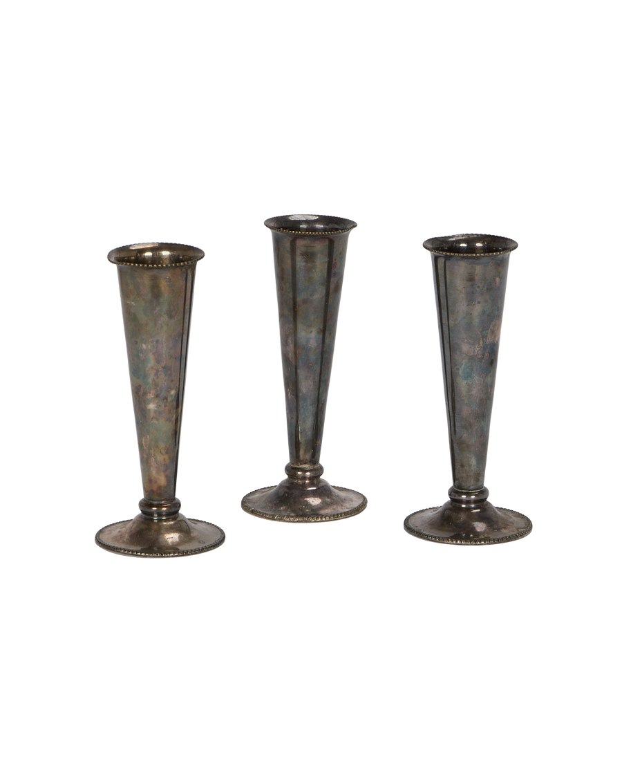 Three vintage French pewter Deco bud vases, tapered form, beaded rims and bases, bulk.
