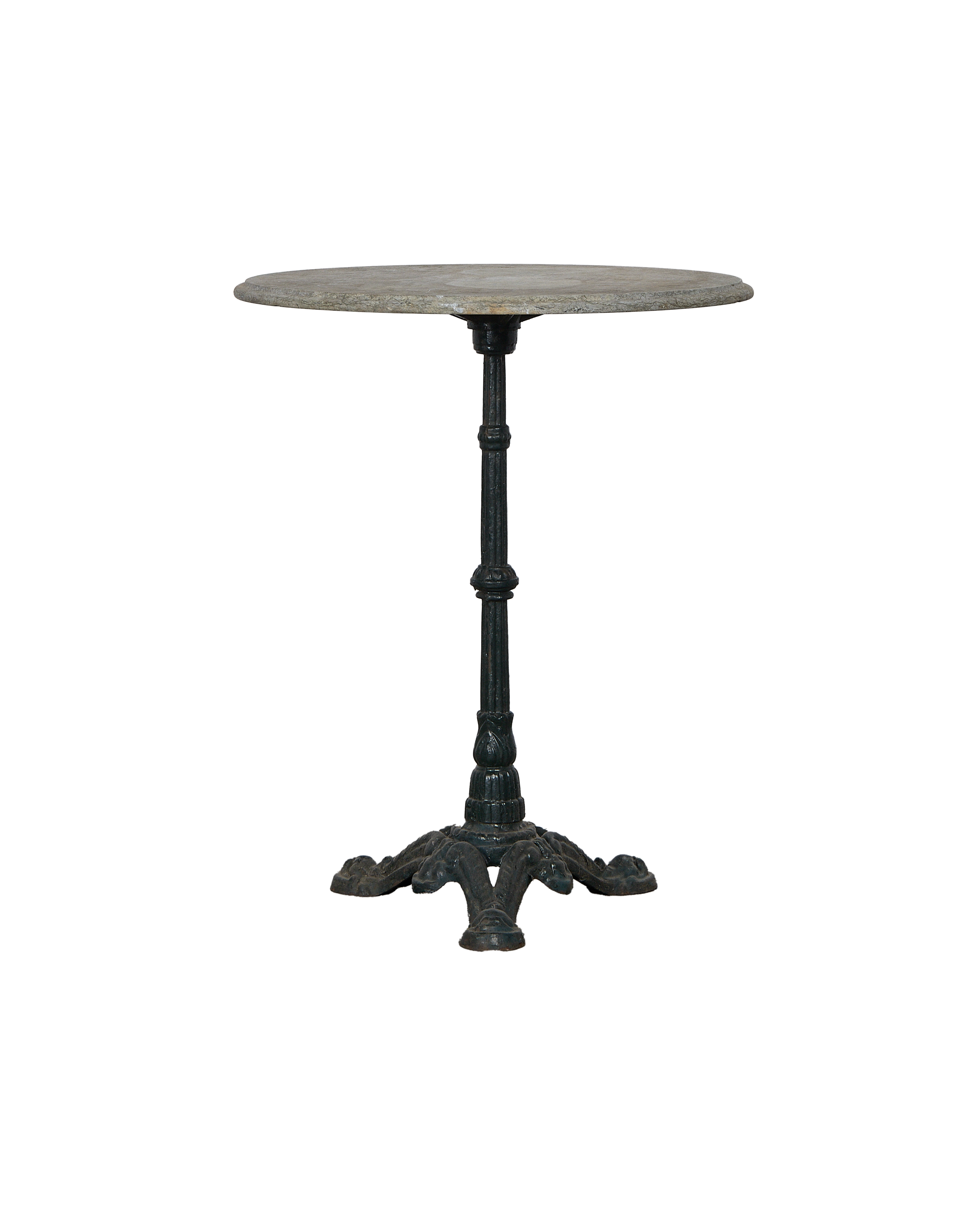 Vintage French marble bistro table, with its distressed gray top and ornate cast iron base.