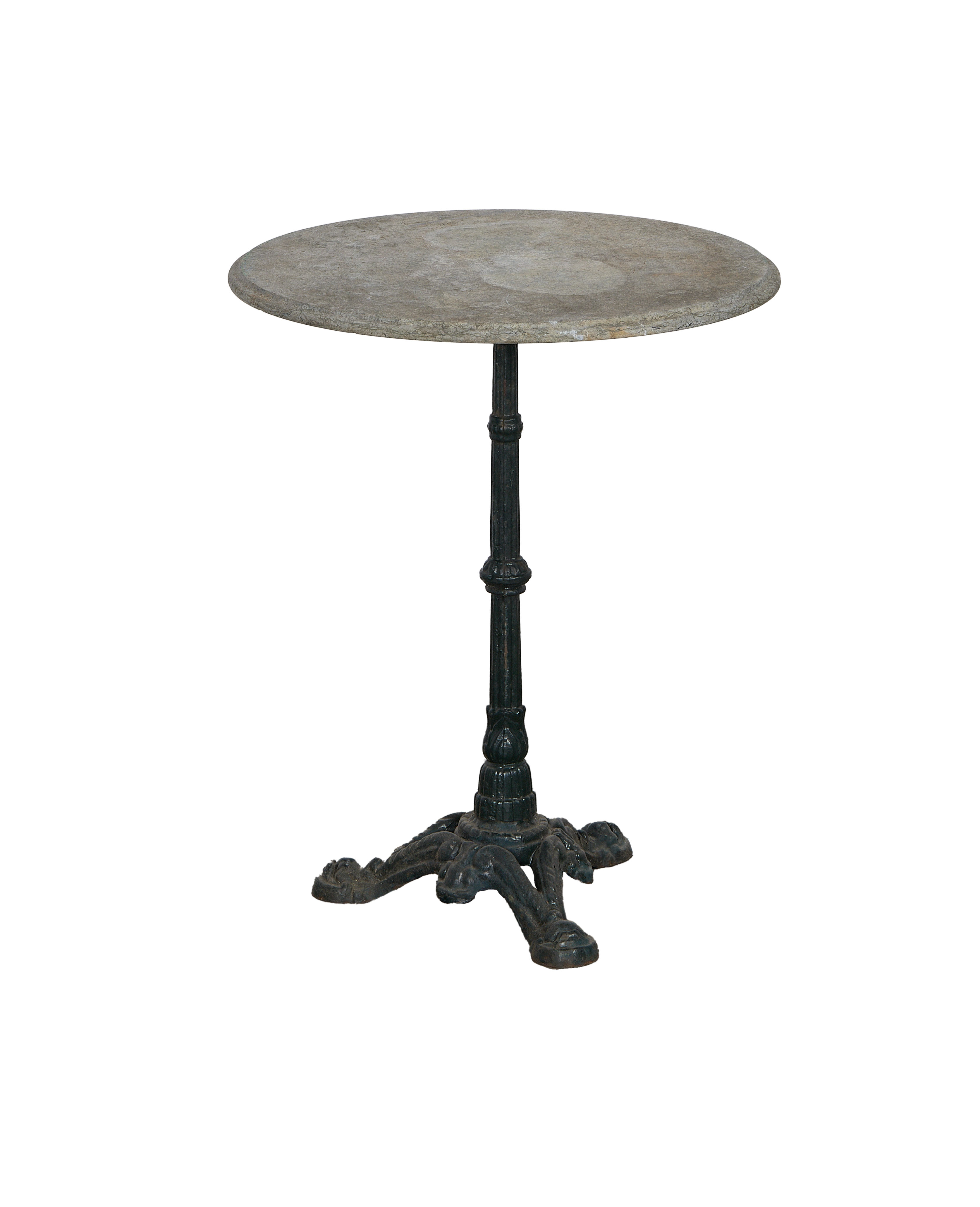 Vintage French bistro table with round grey marble top and ornate dark cast iron base.