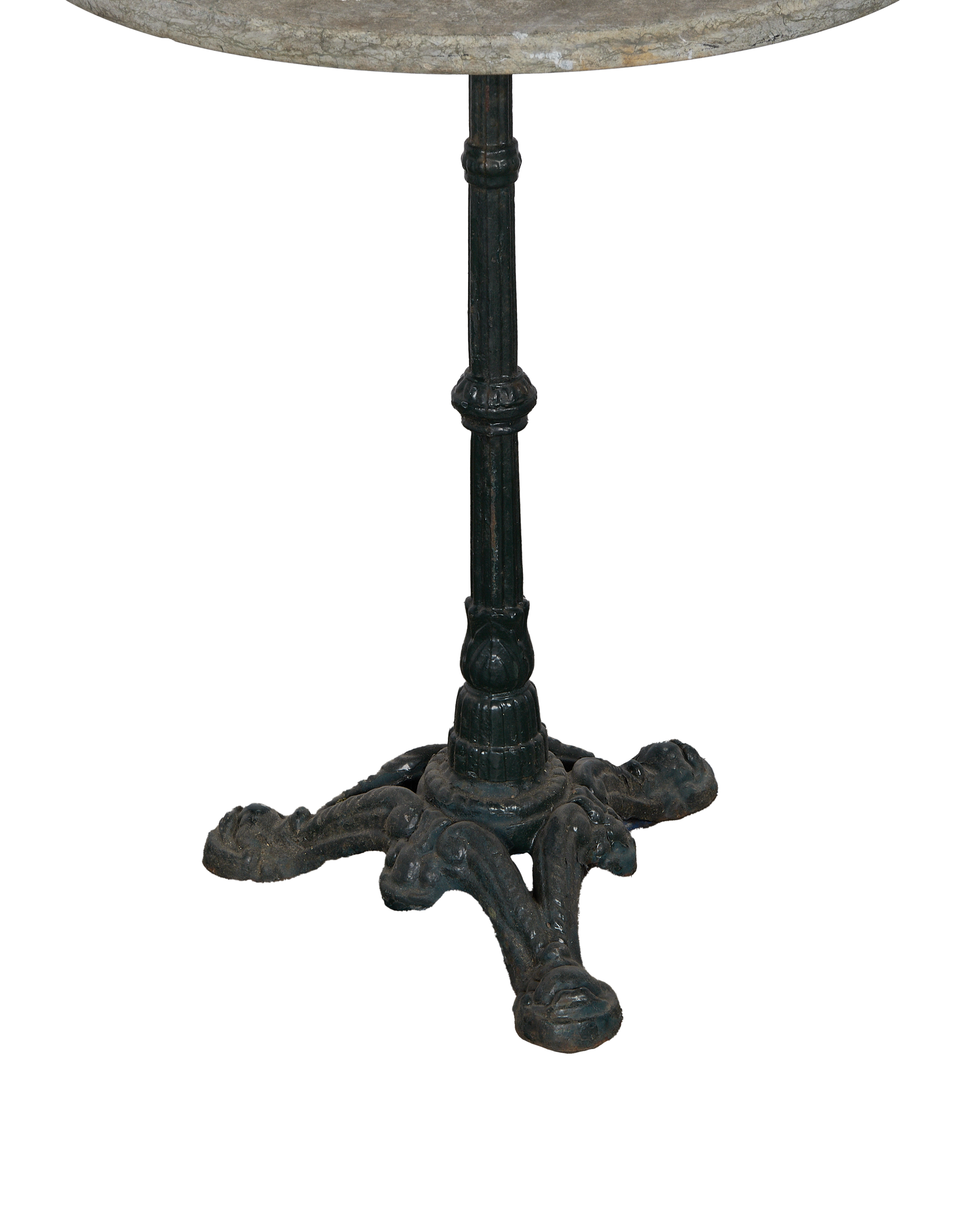 Vintage French marble-top bistro table, close-up of intricate cast iron base and support column.