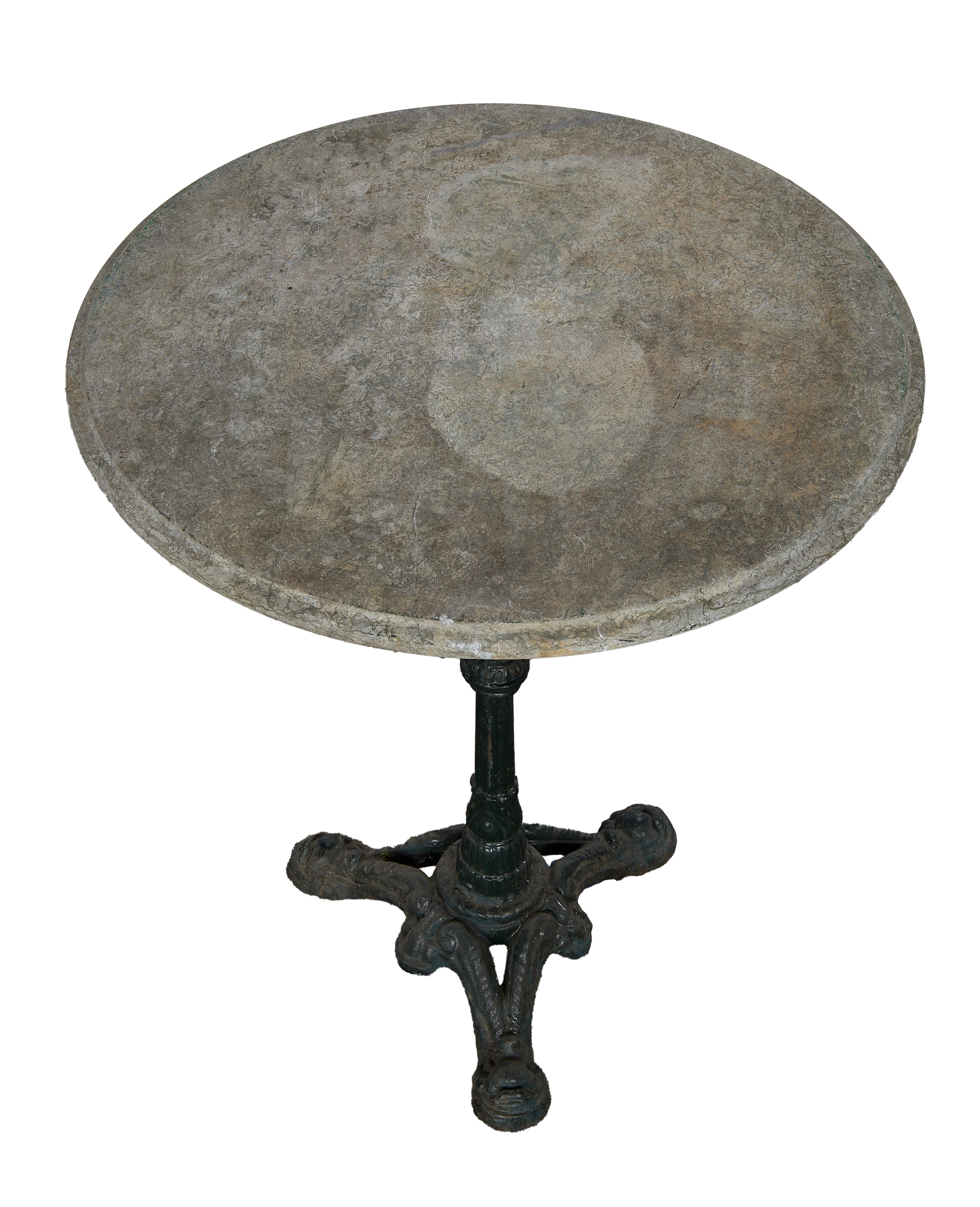 Vintage French Bistro Table, round marble top, patinated ornate cast iron base.