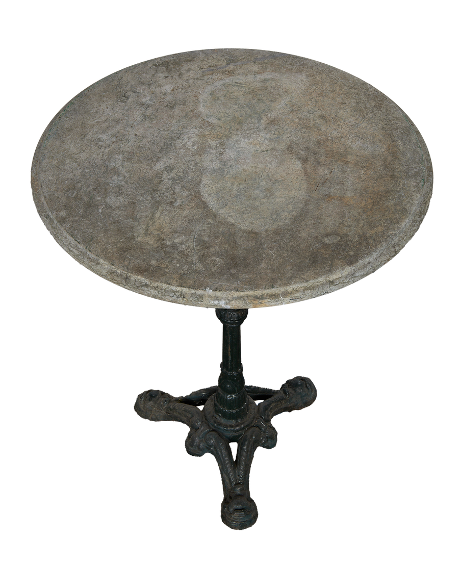 Vintage French Bistro Table, round marble top, patinated ornate cast iron base.
