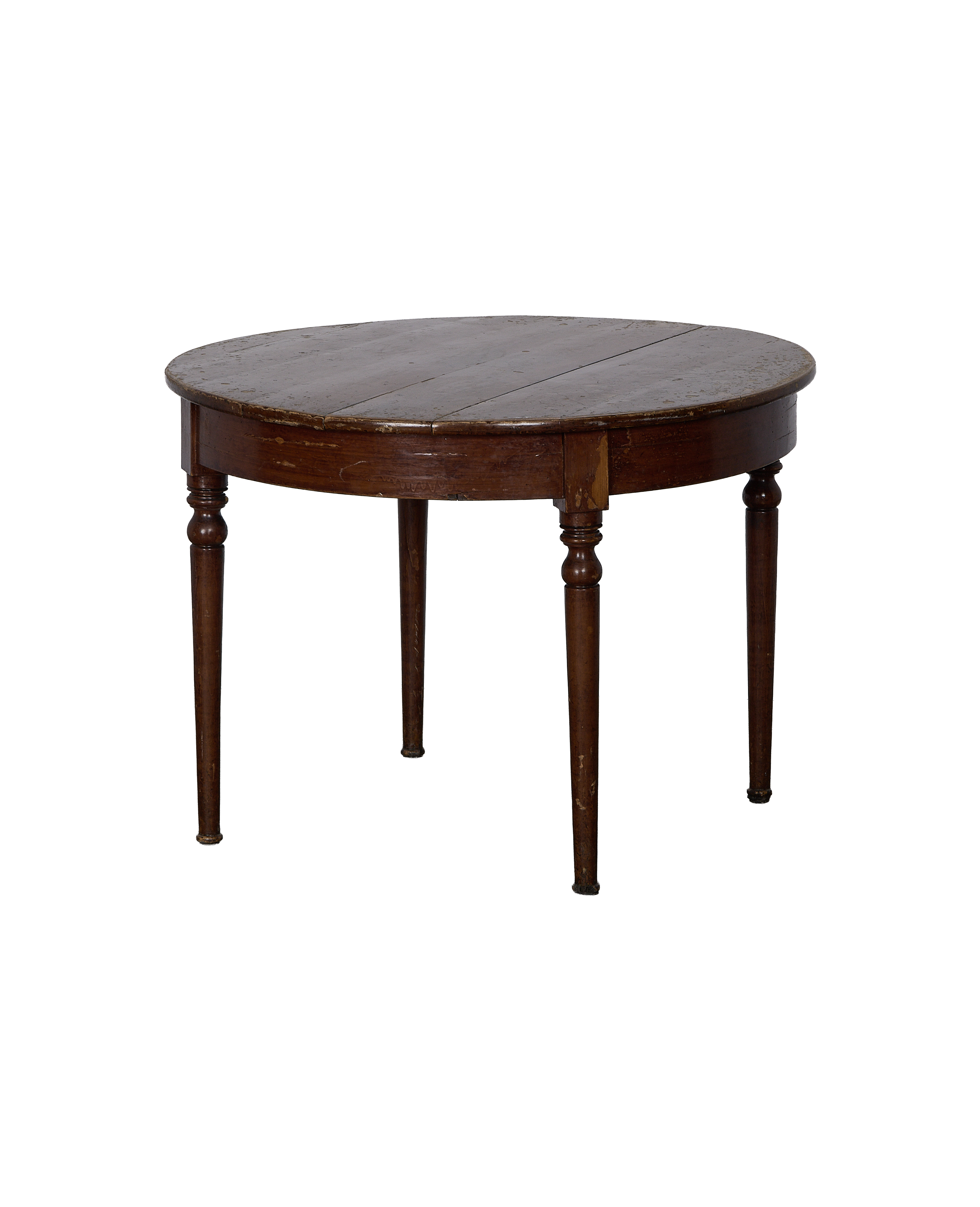 Vintage French round oak table with dark aged finish and turned legs, rustic condition.