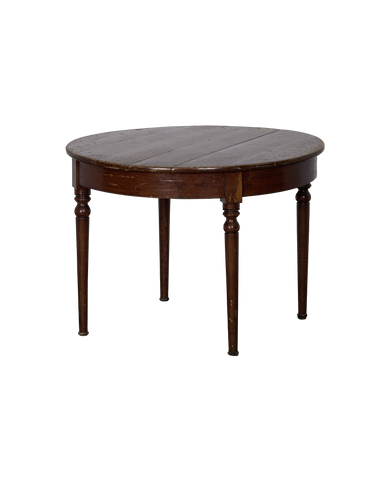 Vintage French round oak table with dark aged finish and turned legs, rustic condition.