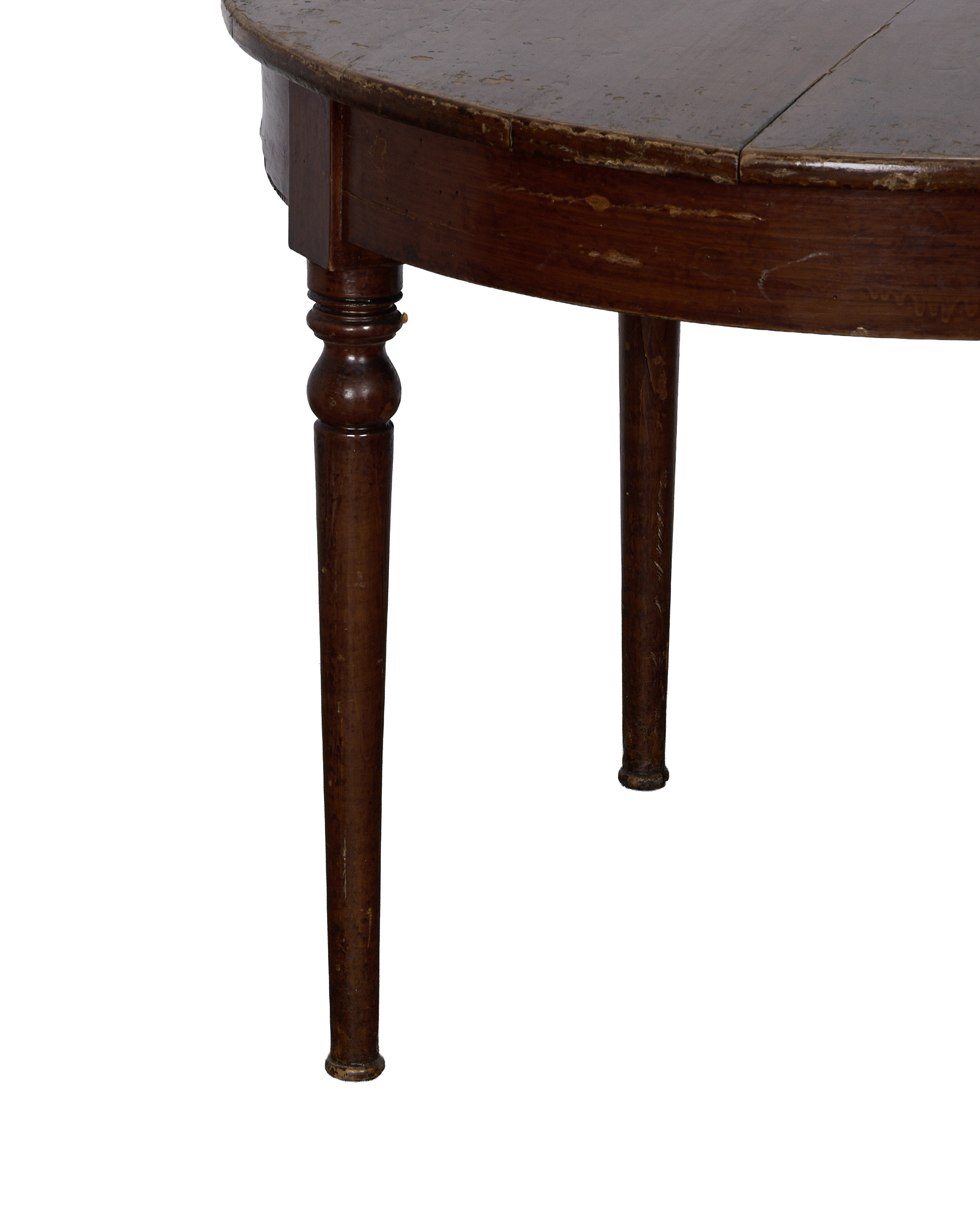 Vintage French oak round table, distressed dark wood top, showcasing turned and tapered legs.