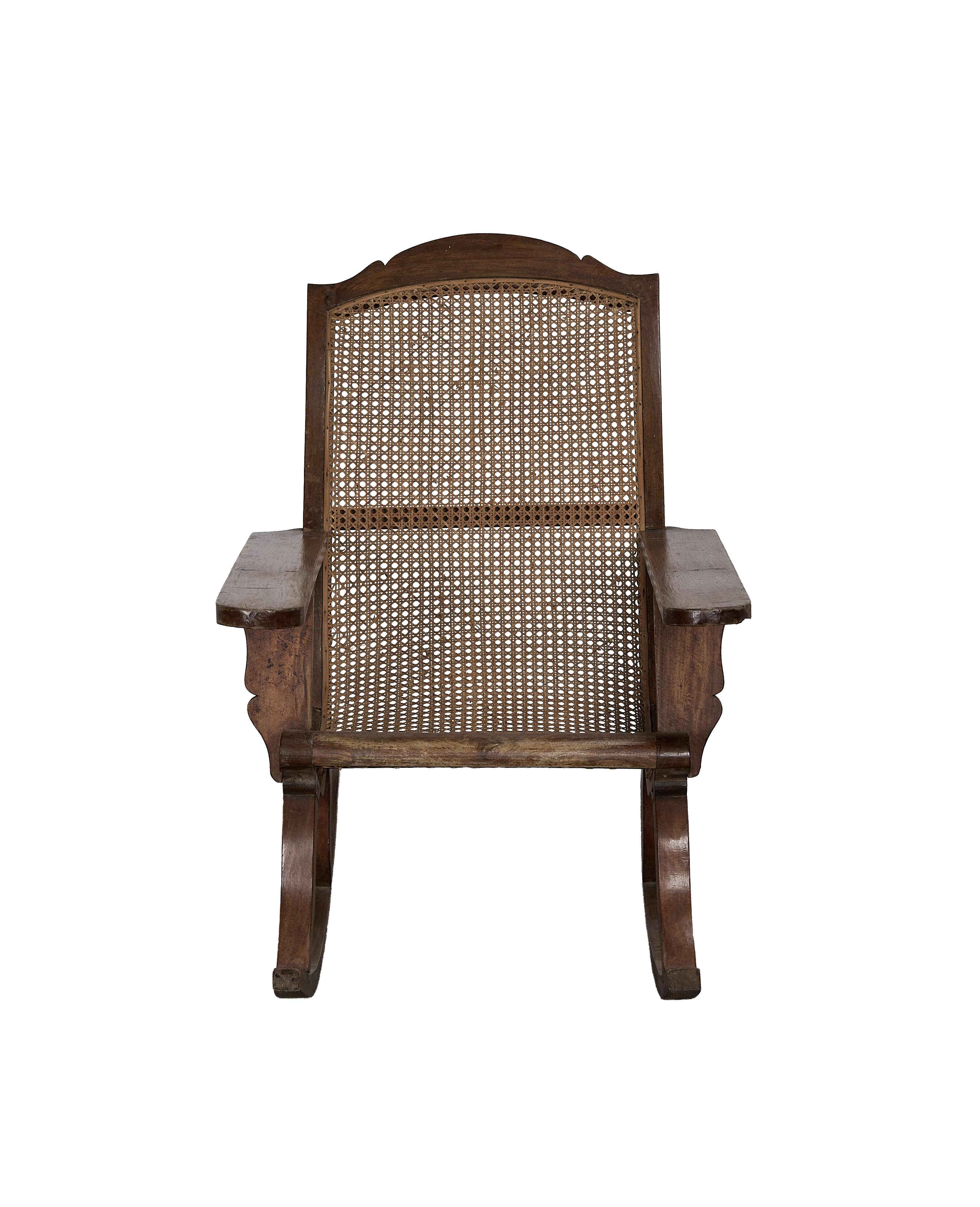 French vintage oak wood lounge chair, front view showcasing the full cane back.