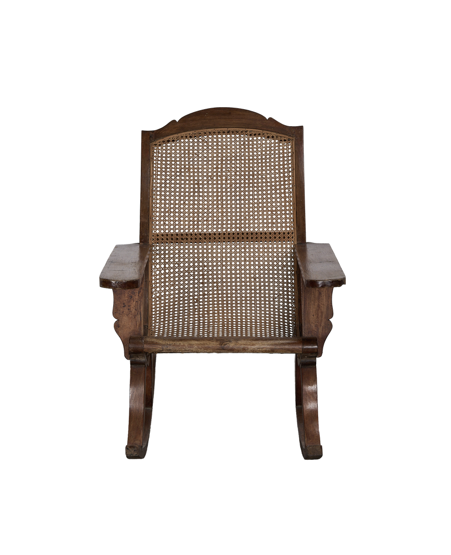 French vintage oak wood lounge chair, front view showcasing the full cane back.