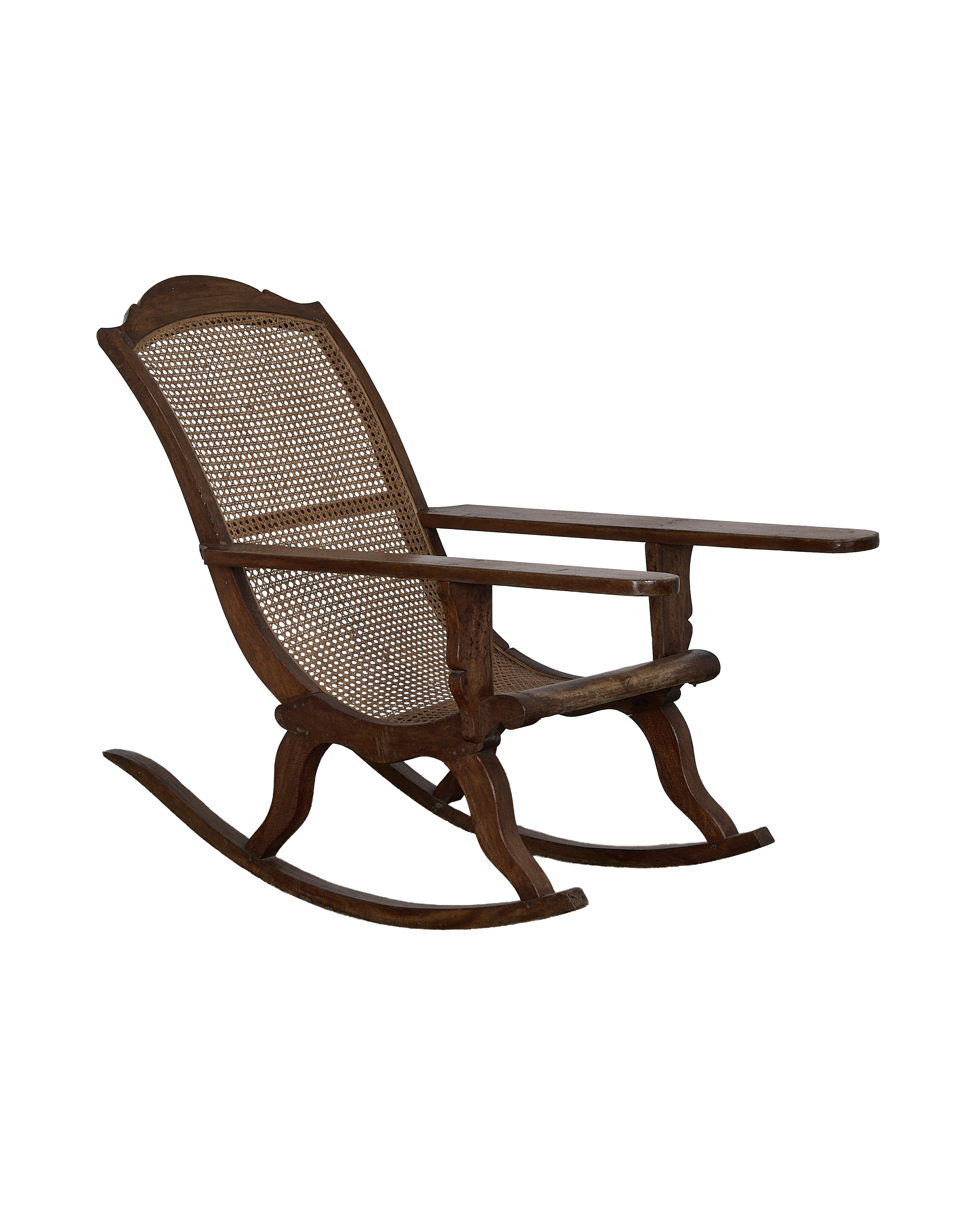 Vintage French oak lounge rocking chair, cane back and seat, dark wood finish.
