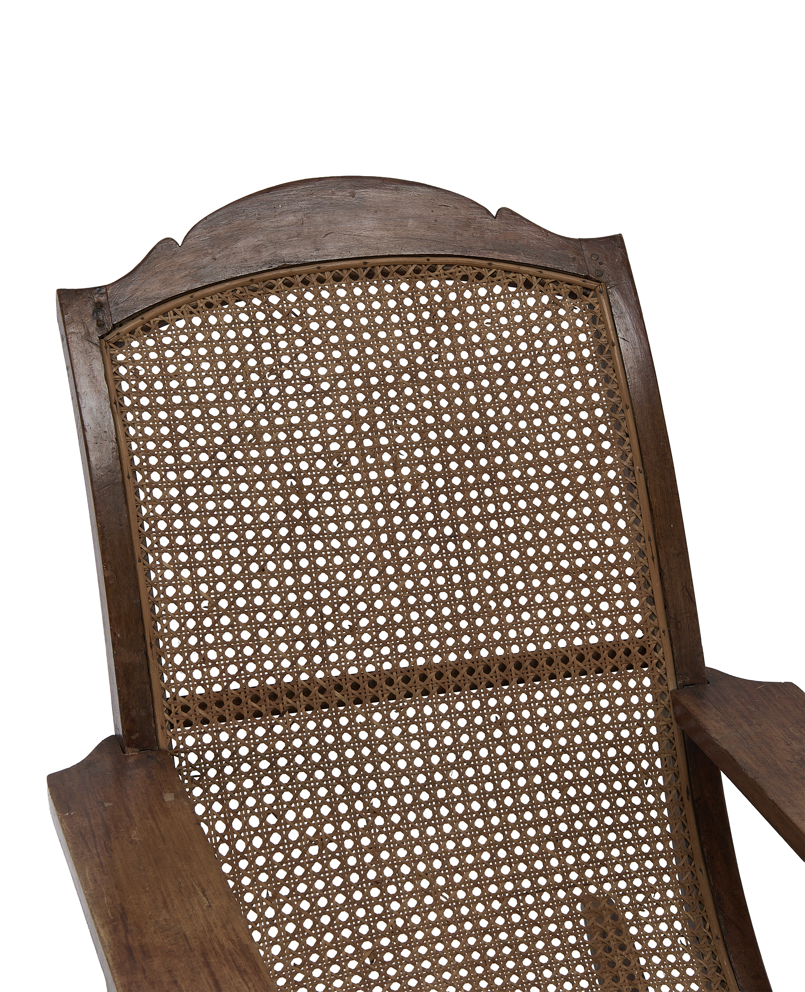 Vintage French oak wood lounge chair, showing intricate cane weaving detail of the backrest.