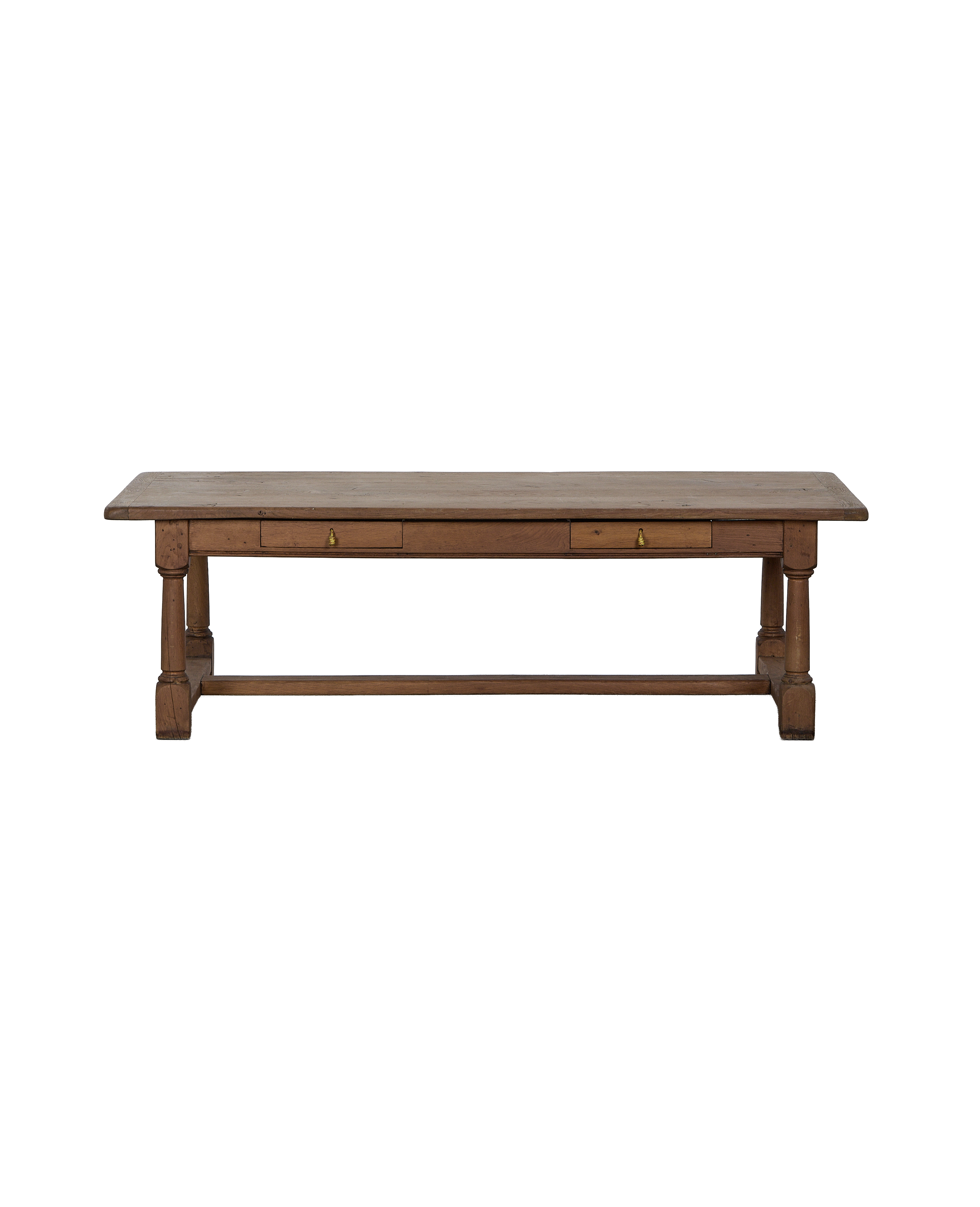 Vintage French oak Draper coffee table, full front view showing two brass-handled drawers.