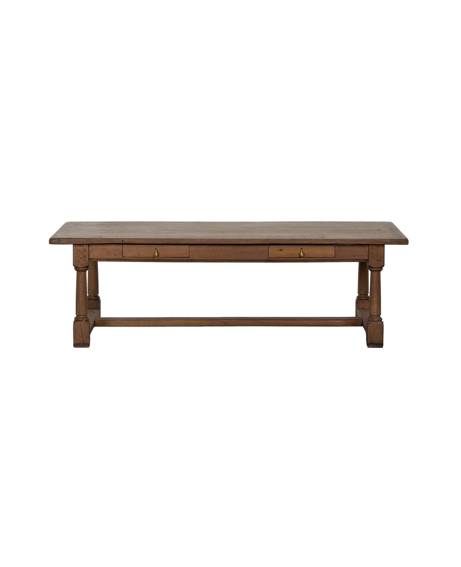 Vintage French oak Draper coffee table, full front view showing two brass-handled drawers.