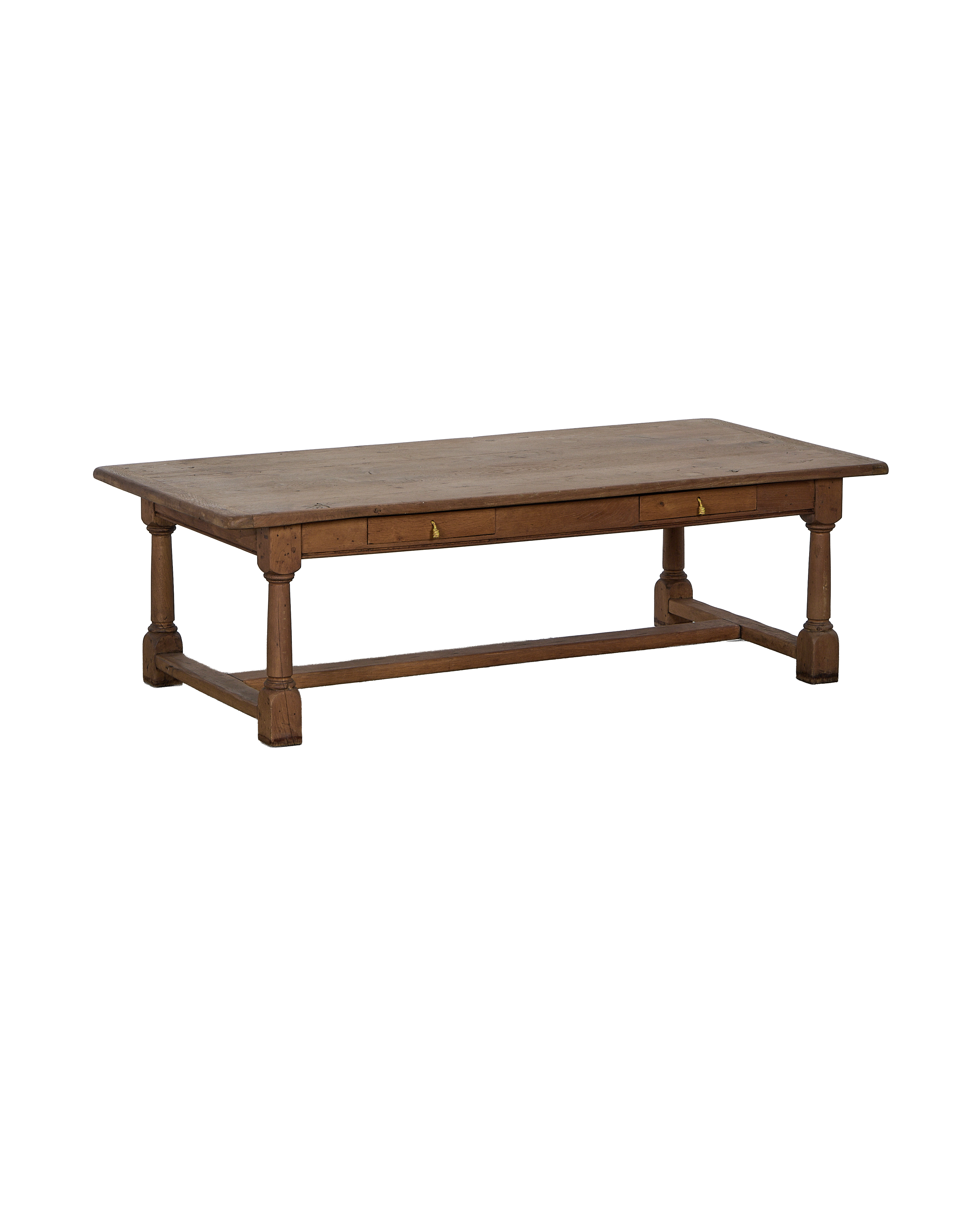 Vintage French oak Draper style coffee table, two drawers, turned legs.