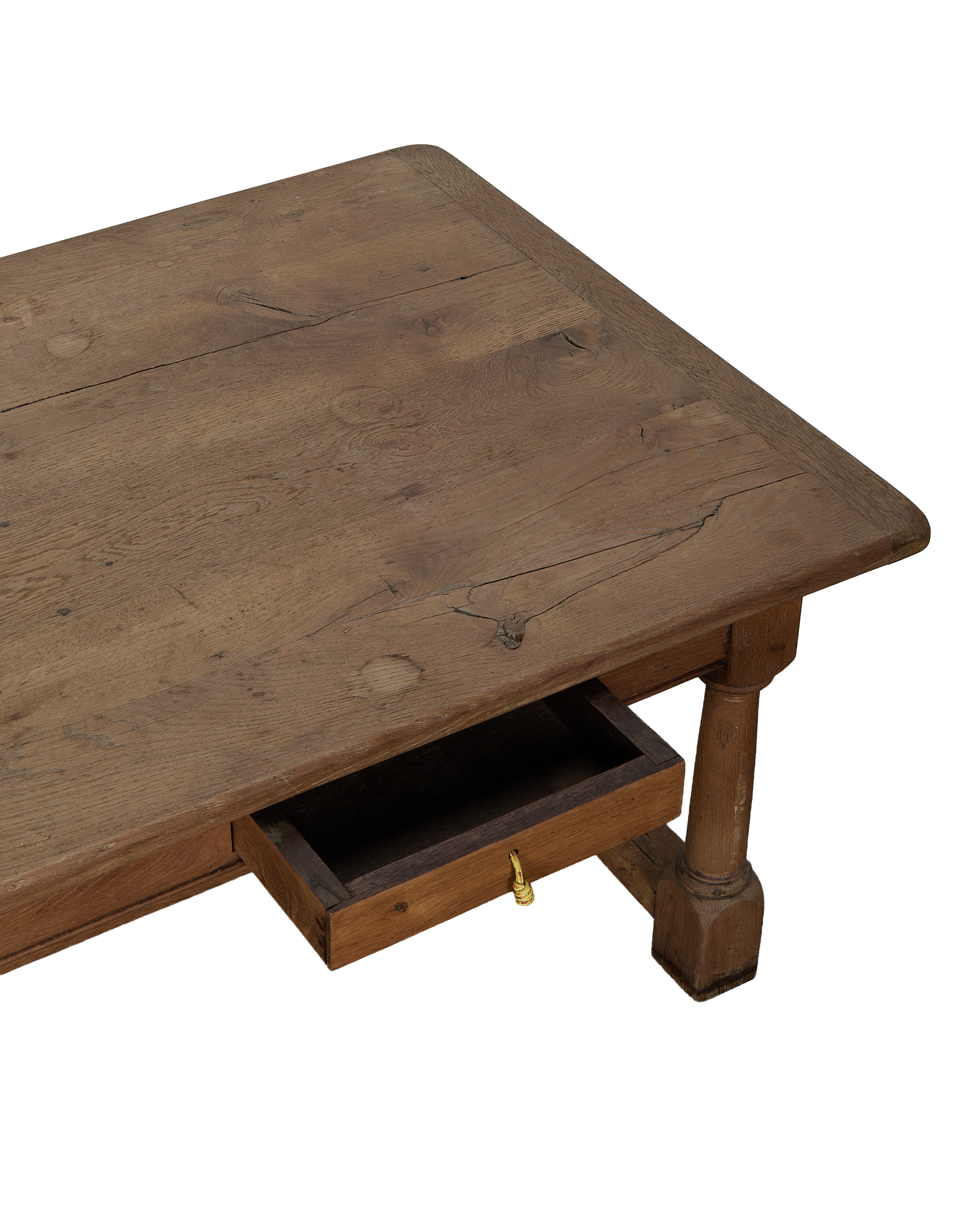 Vintage French Draper Style OAK coffee table's open drawer and turned leg details.