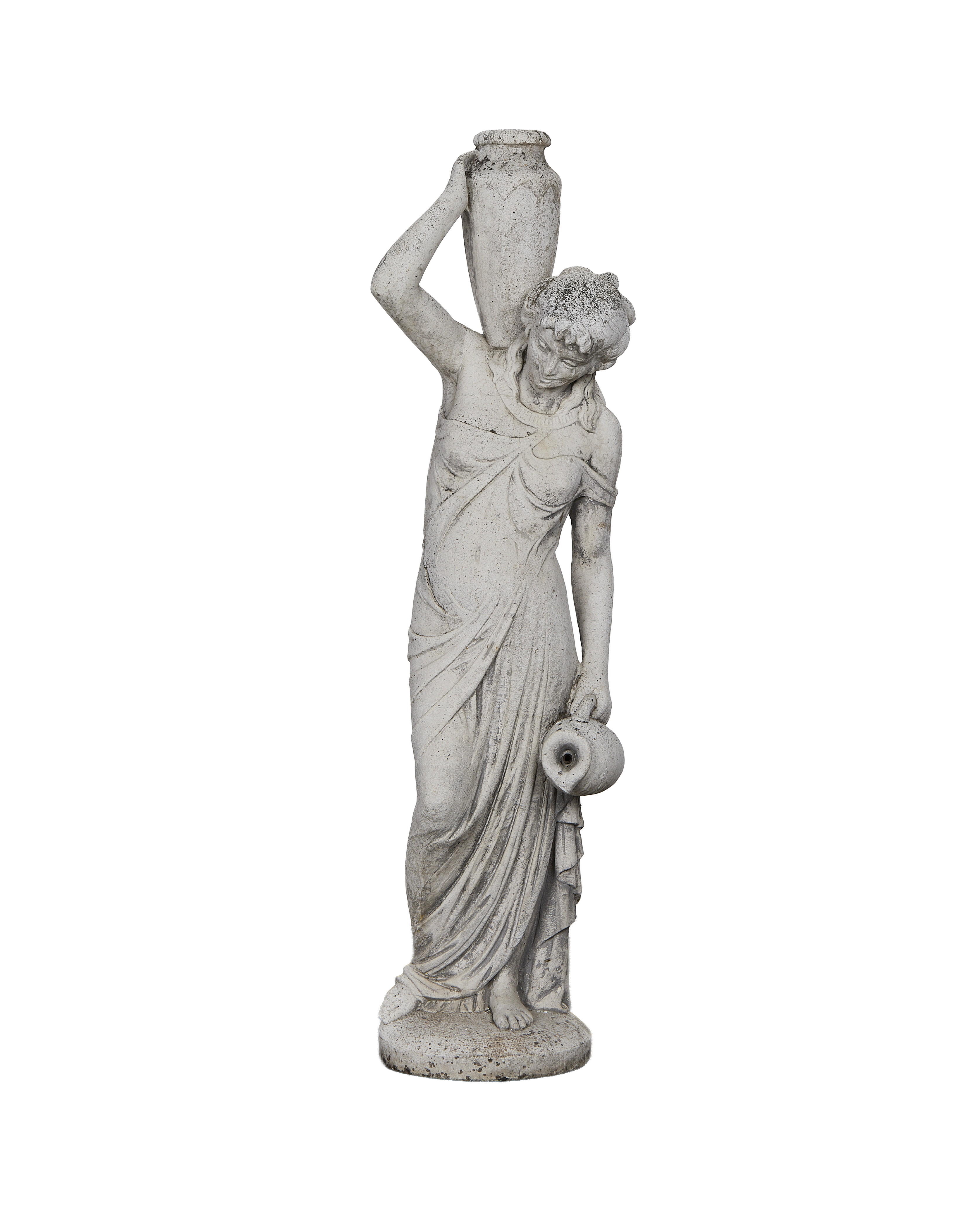 Vintage French woman garden statue, carrying two urns, with weathered oak texture.