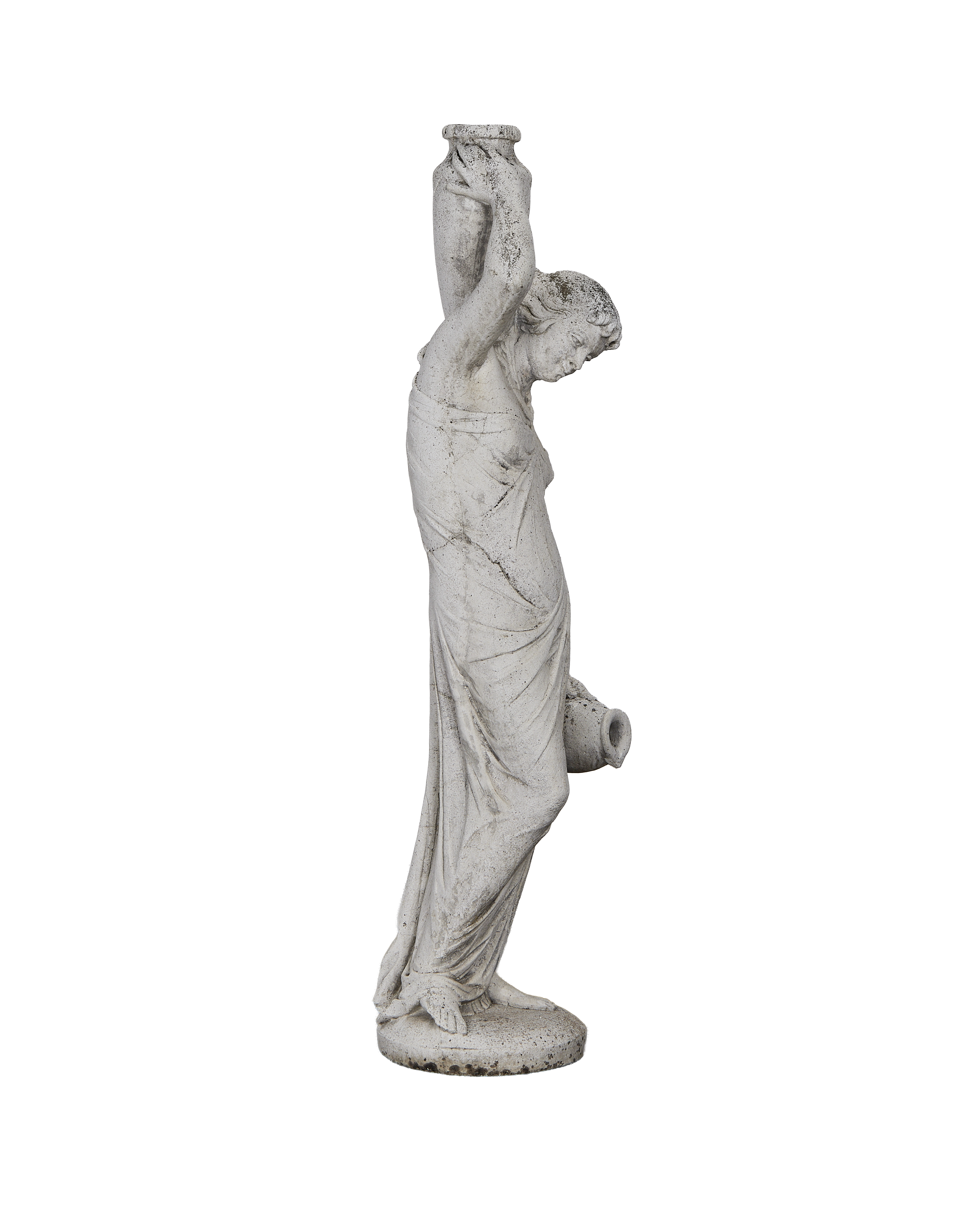Vintage French concrete woman statue side profile, holding two urns, weathered condition.