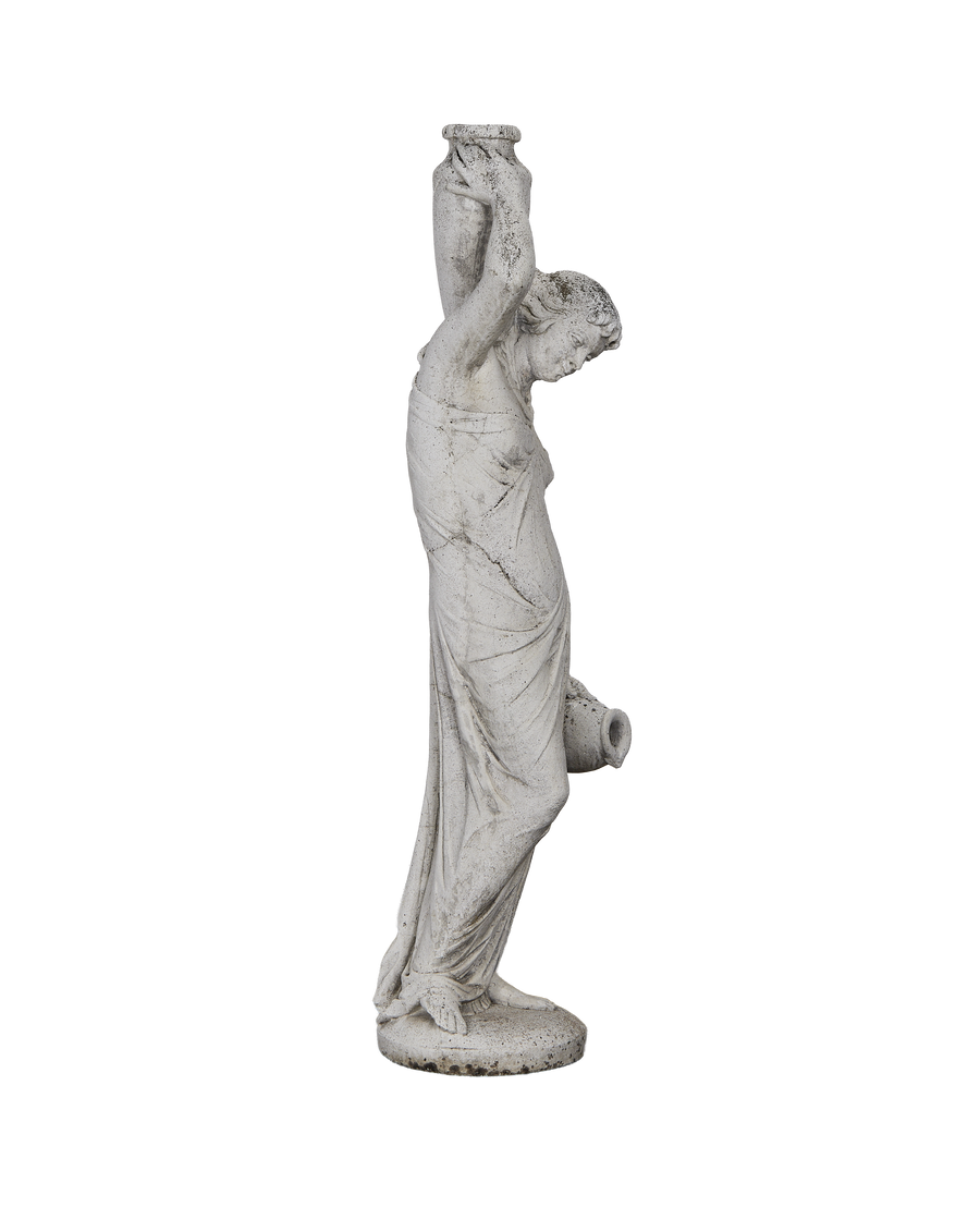 Vintage French concrete woman statue side profile, holding two urns, weathered condition.