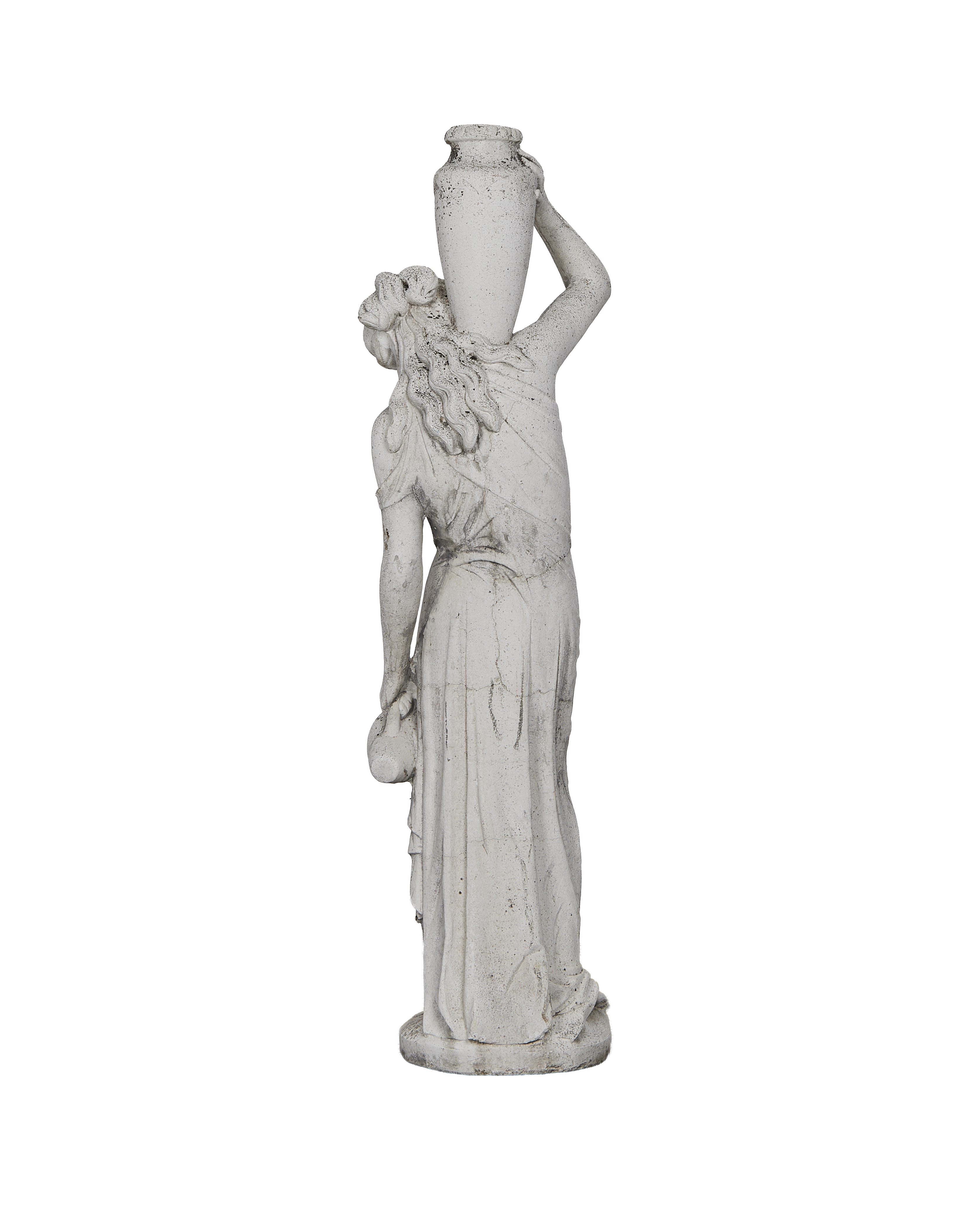 Vintage French woman statue, back view, holding urn on head, weathered oak material.