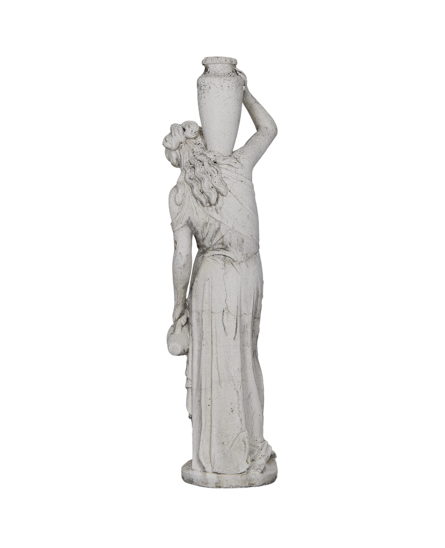 Vintage French woman statue, back view, holding urn on head, weathered oak material.