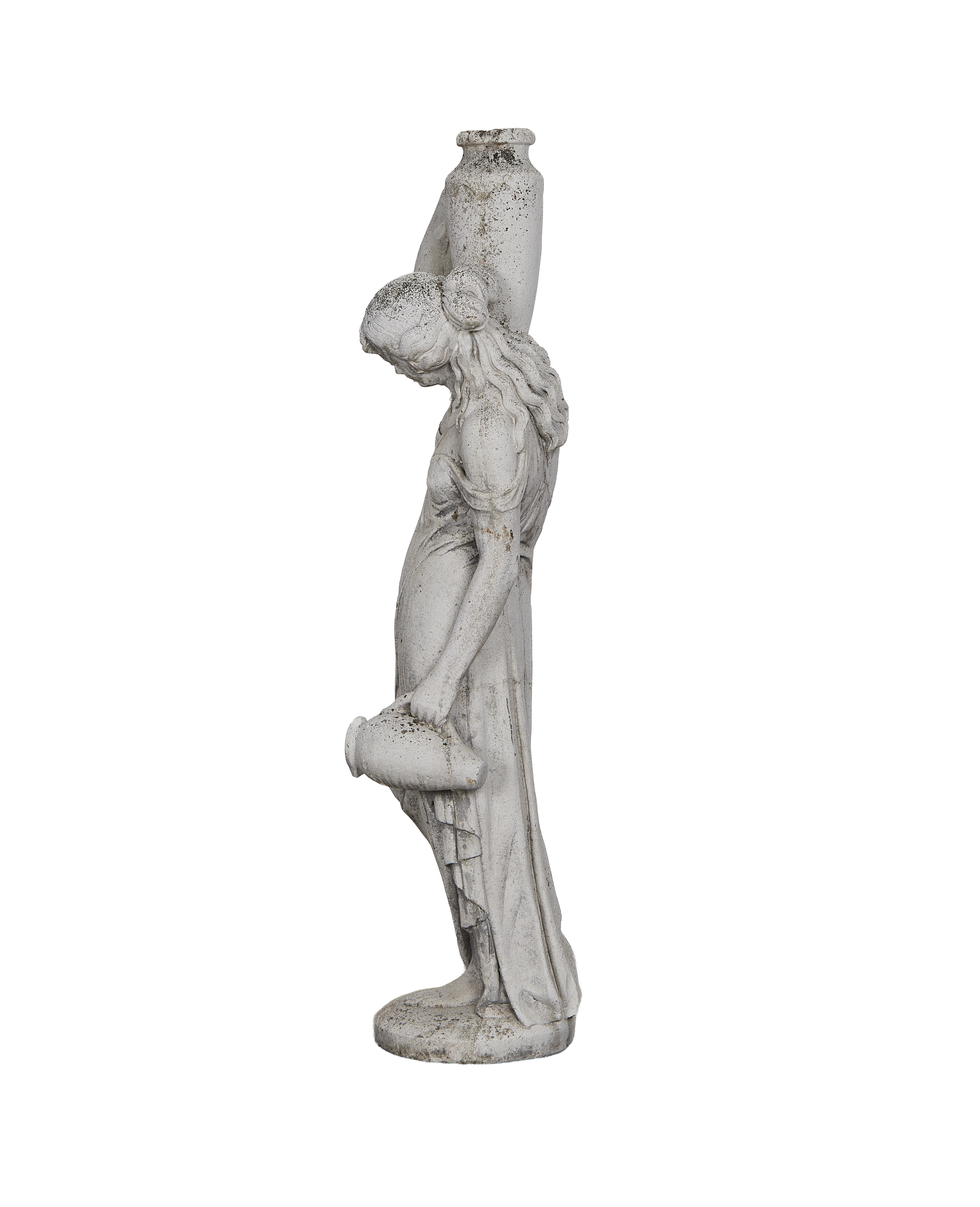 Vintage weathered gray woman statue, carrying urns on head and arm, side view.