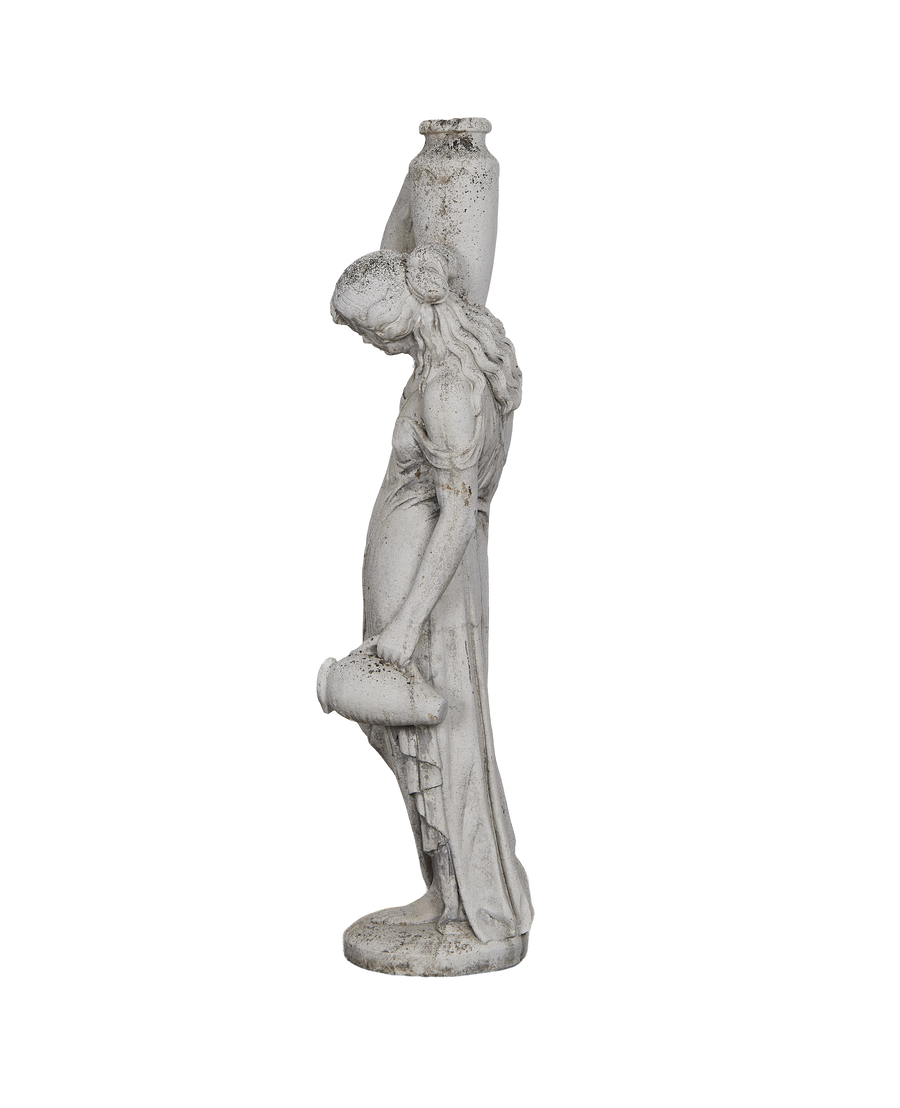 Vintage weathered gray woman statue, carrying urns on head and arm, side view.