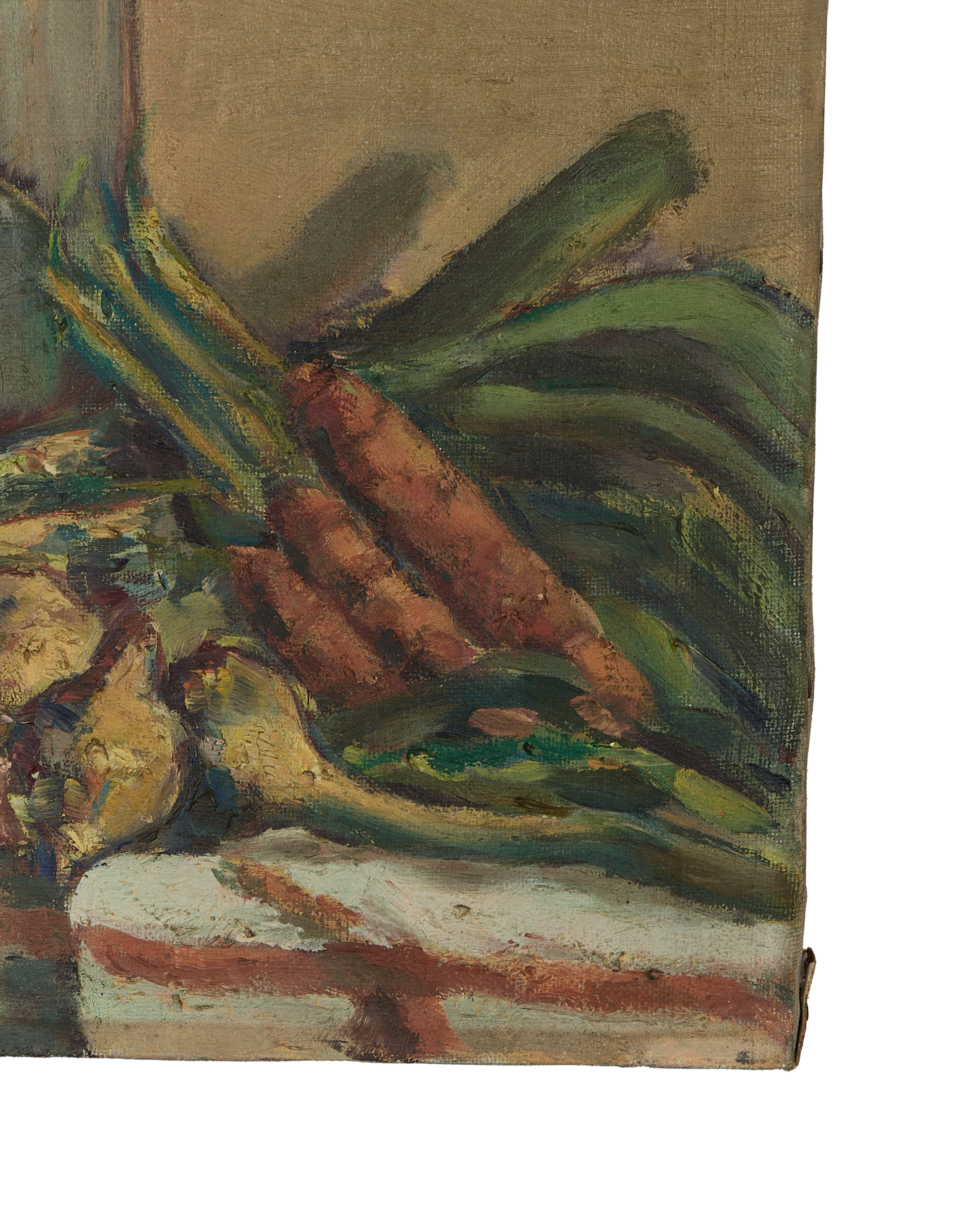 Vintage French Still Life oil painting section; detailed carrots and green onions on white cloth.