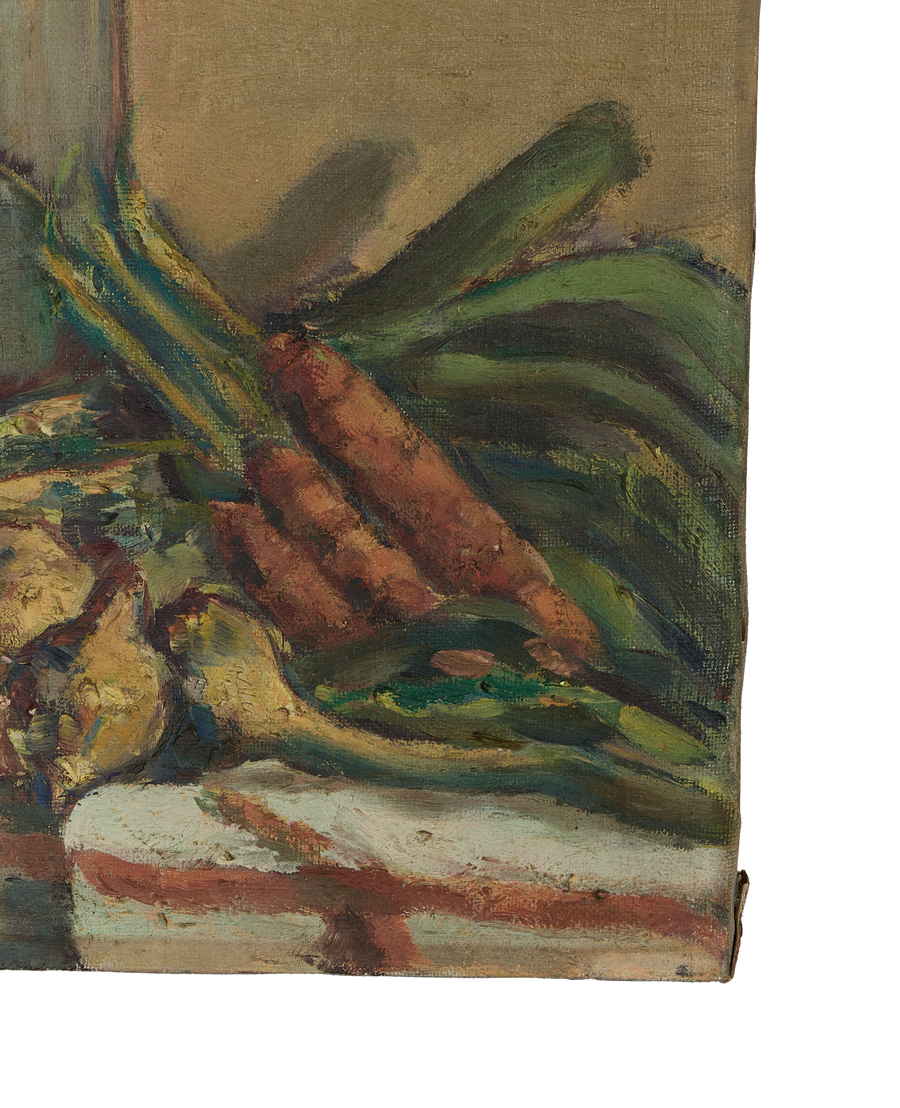 Vintage French Still Life oil painting section; detailed carrots and green onions on white cloth.
