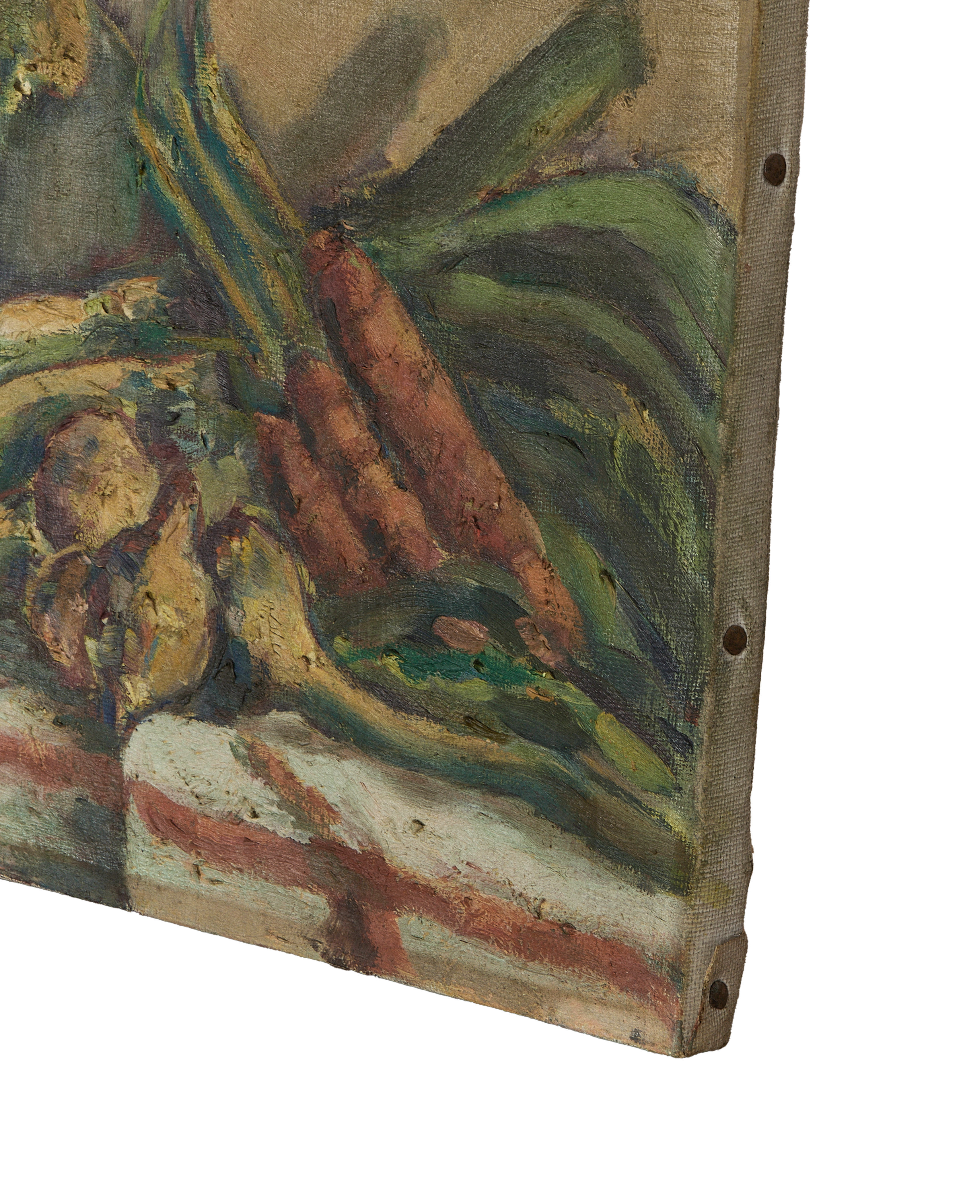 Vintage French still life painting, closer view of the original canvas texture and oak stretcher support.
