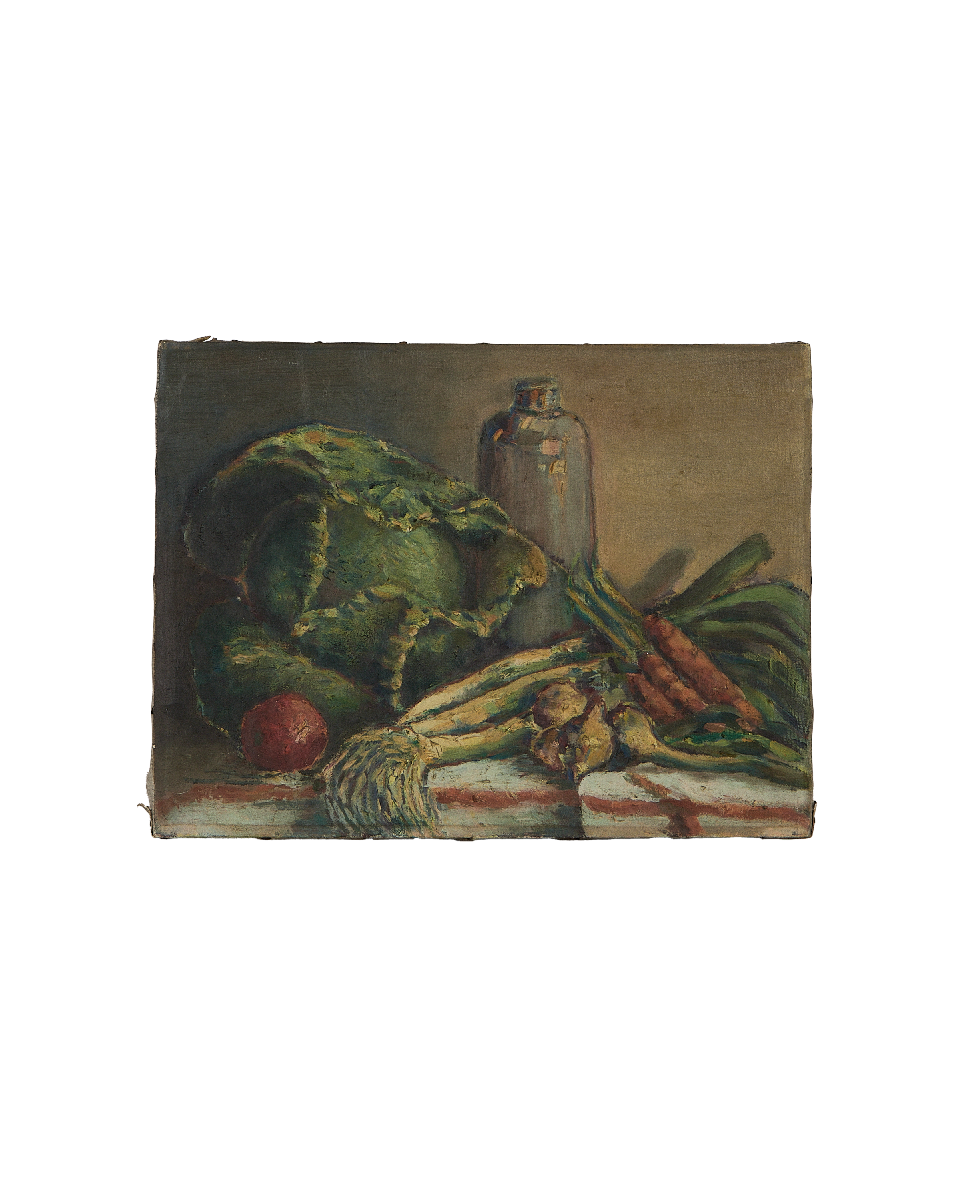 Vintage French still life painting, cabbage, carrots, onion, red apple, dark bottle on striped cloth.