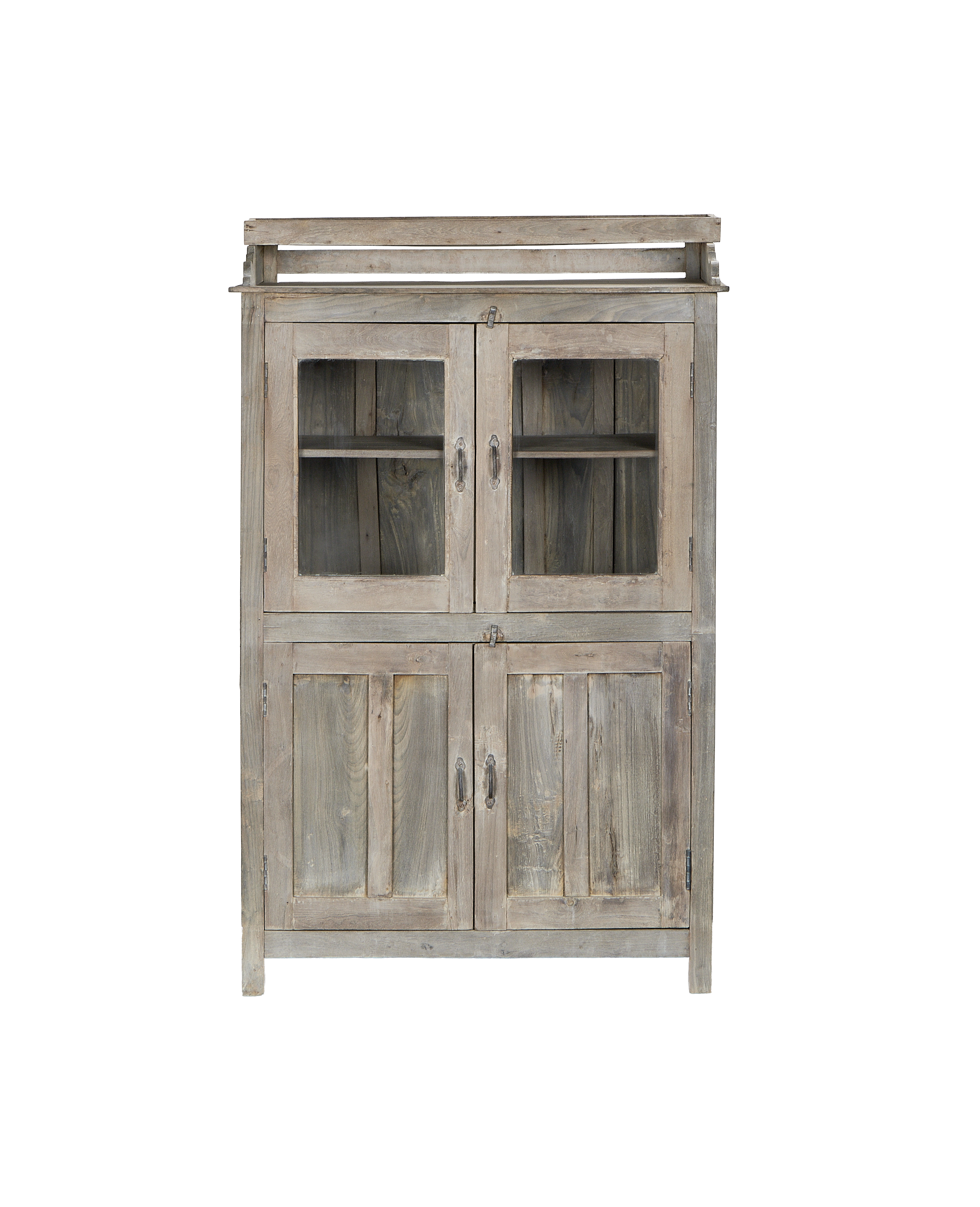 Vintage bleached oak cabinet from India with glass upper doors, solid lower panels.