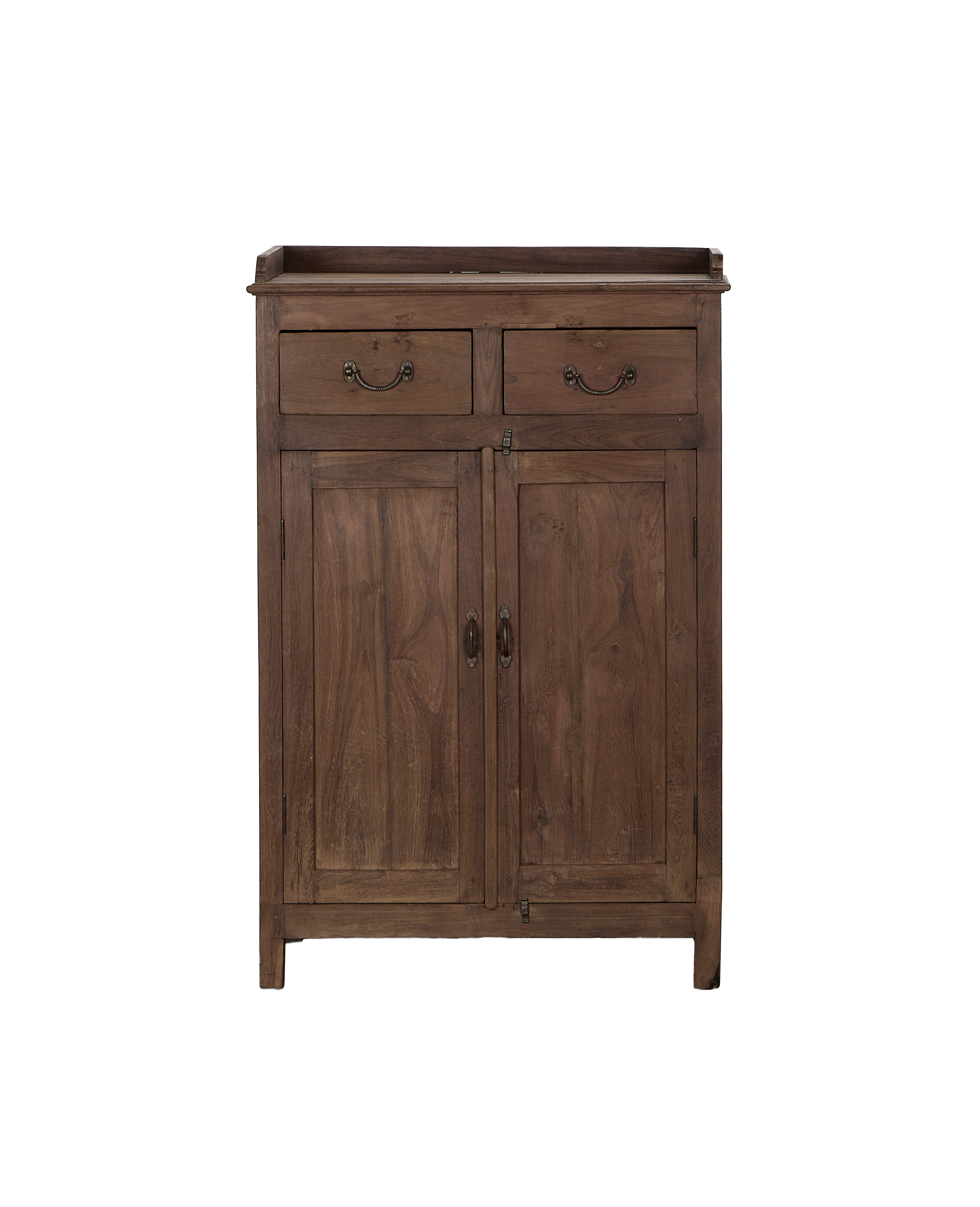Vintage Indian oak cabinet with natural finish, two drawers, and double doors.