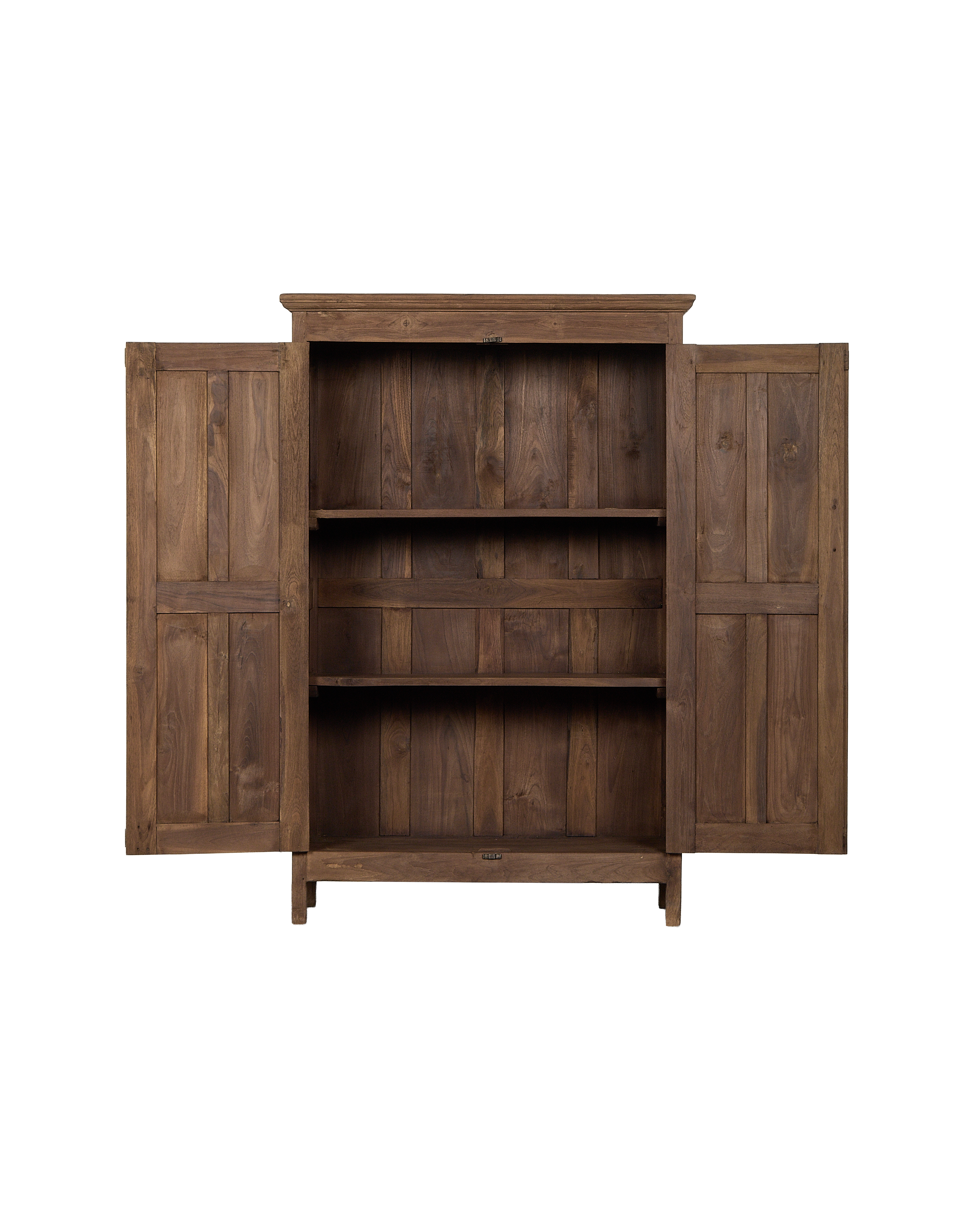 Vintage Indian oak wood cabinet, natural finish, doors open revealing three interior shelves.