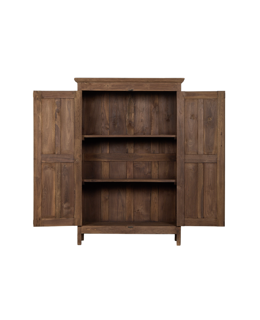 Vintage Indian oak wood cabinet, natural finish, doors open revealing three interior shelves.
