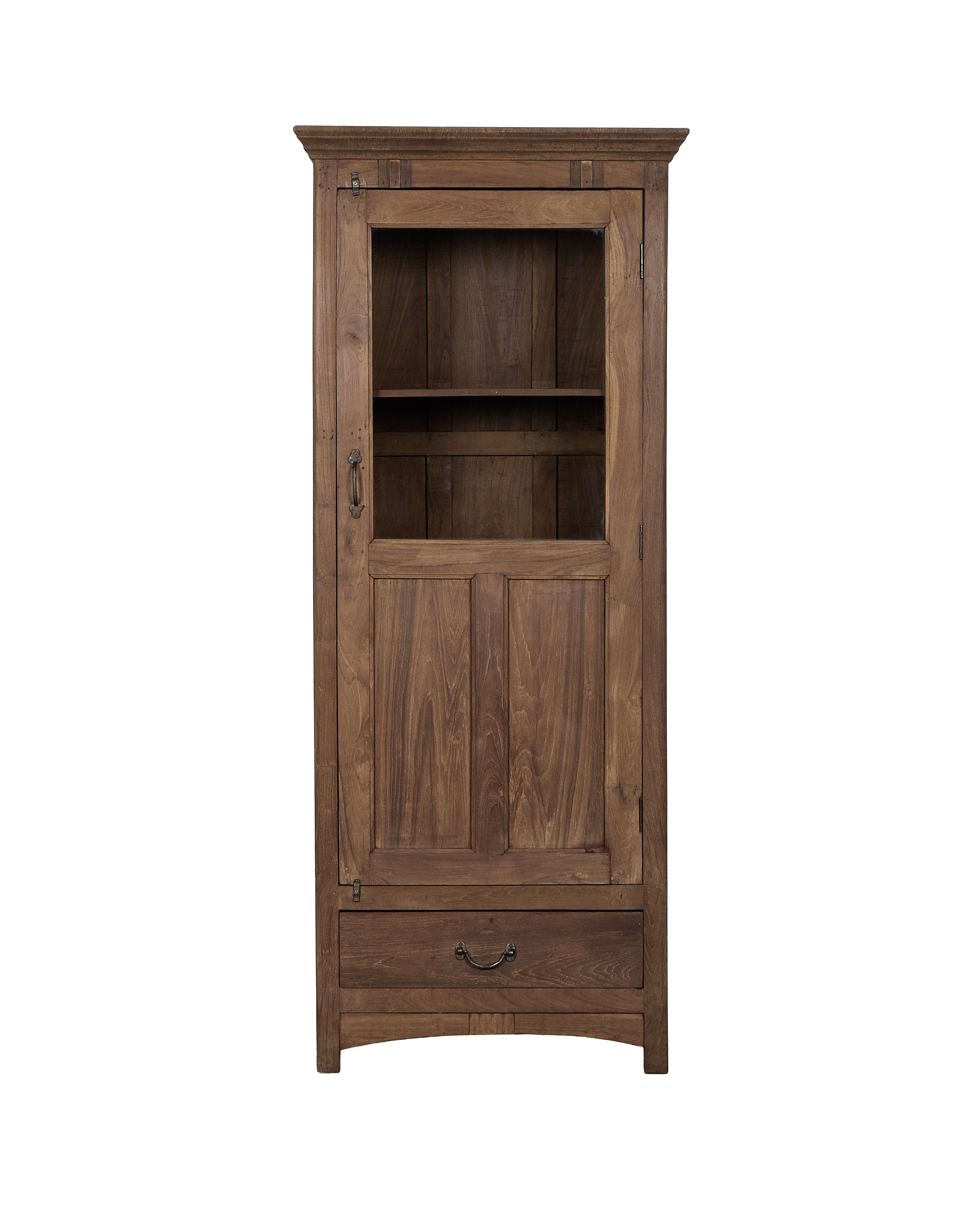 Vintage Indian OAK wood cabinet with glass door, shelf, and bottom drawer.