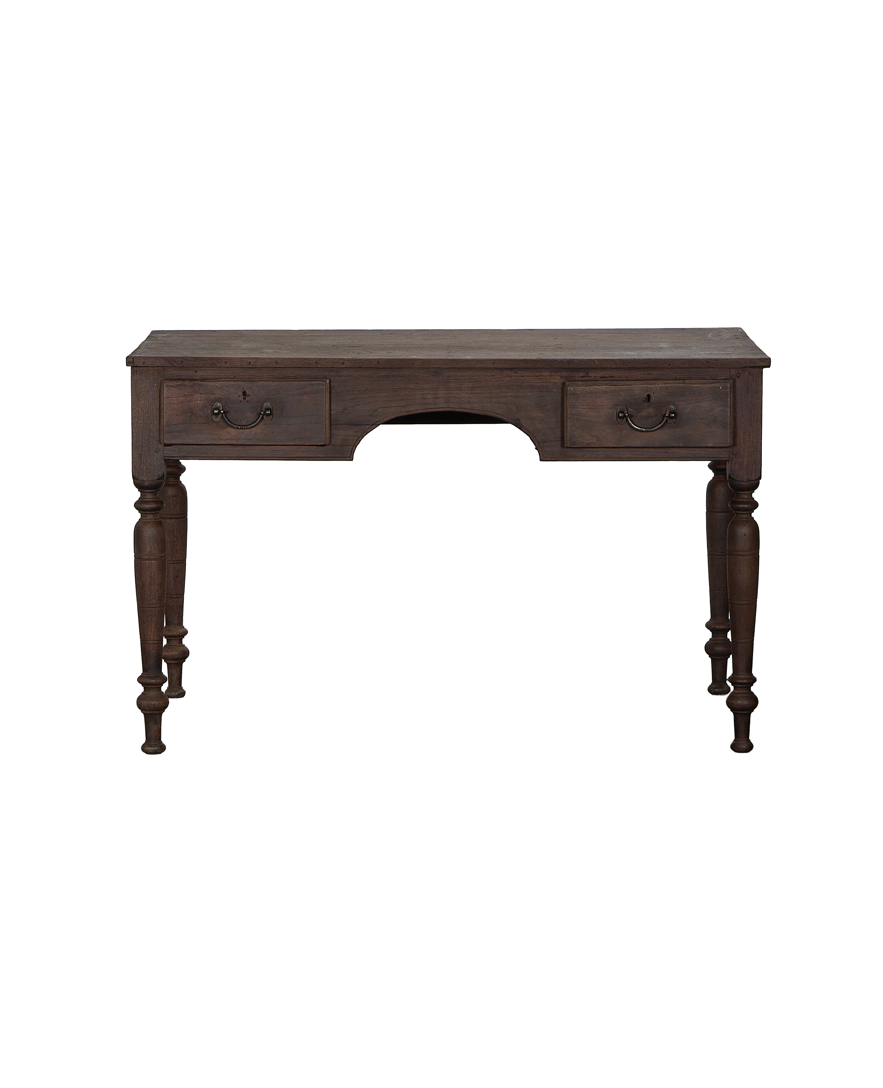 Vintage stained oak wood desk with turned legs and two drawers