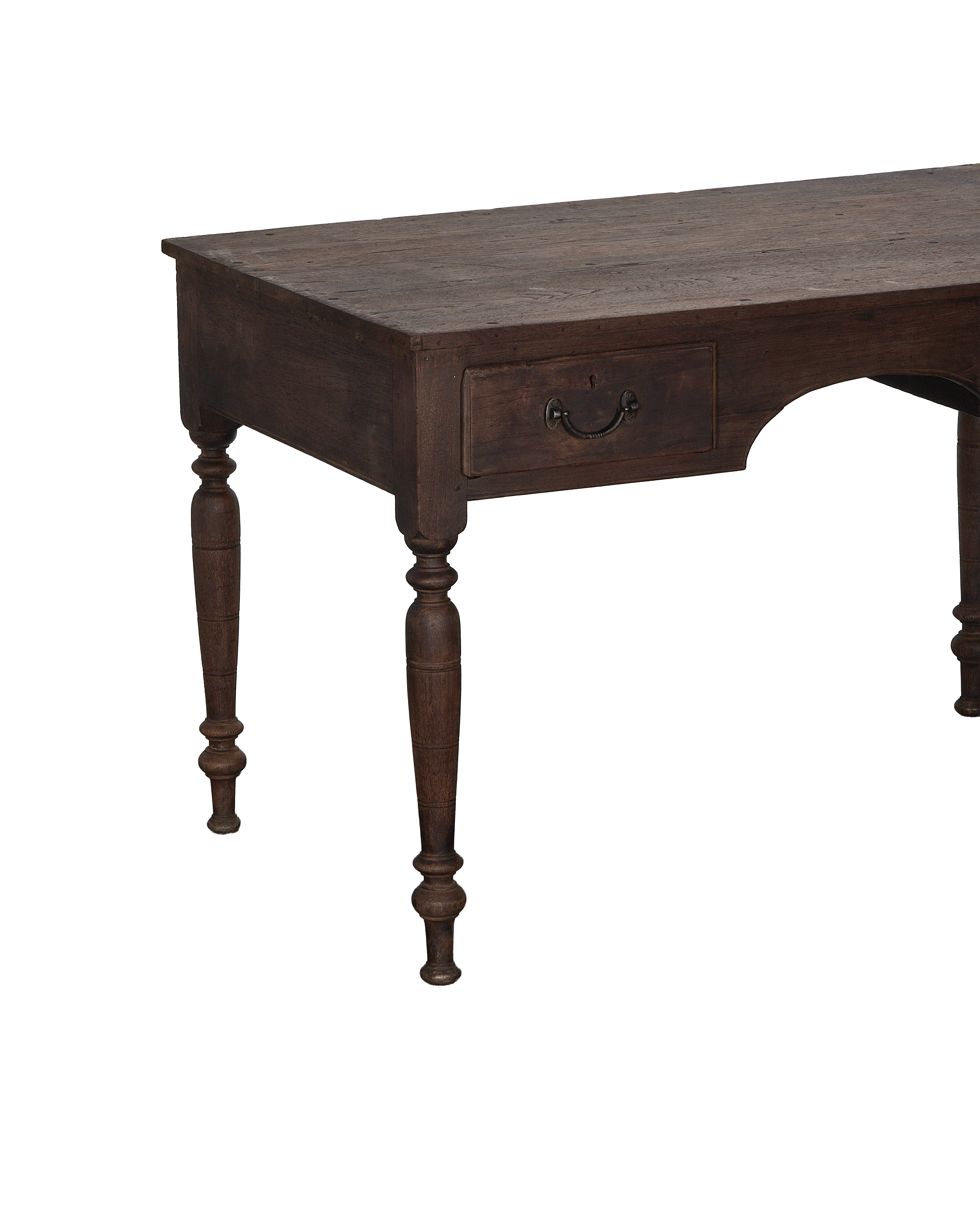 Vintage oak desk, single drawer with keyhole, distressed dark stained wood, India