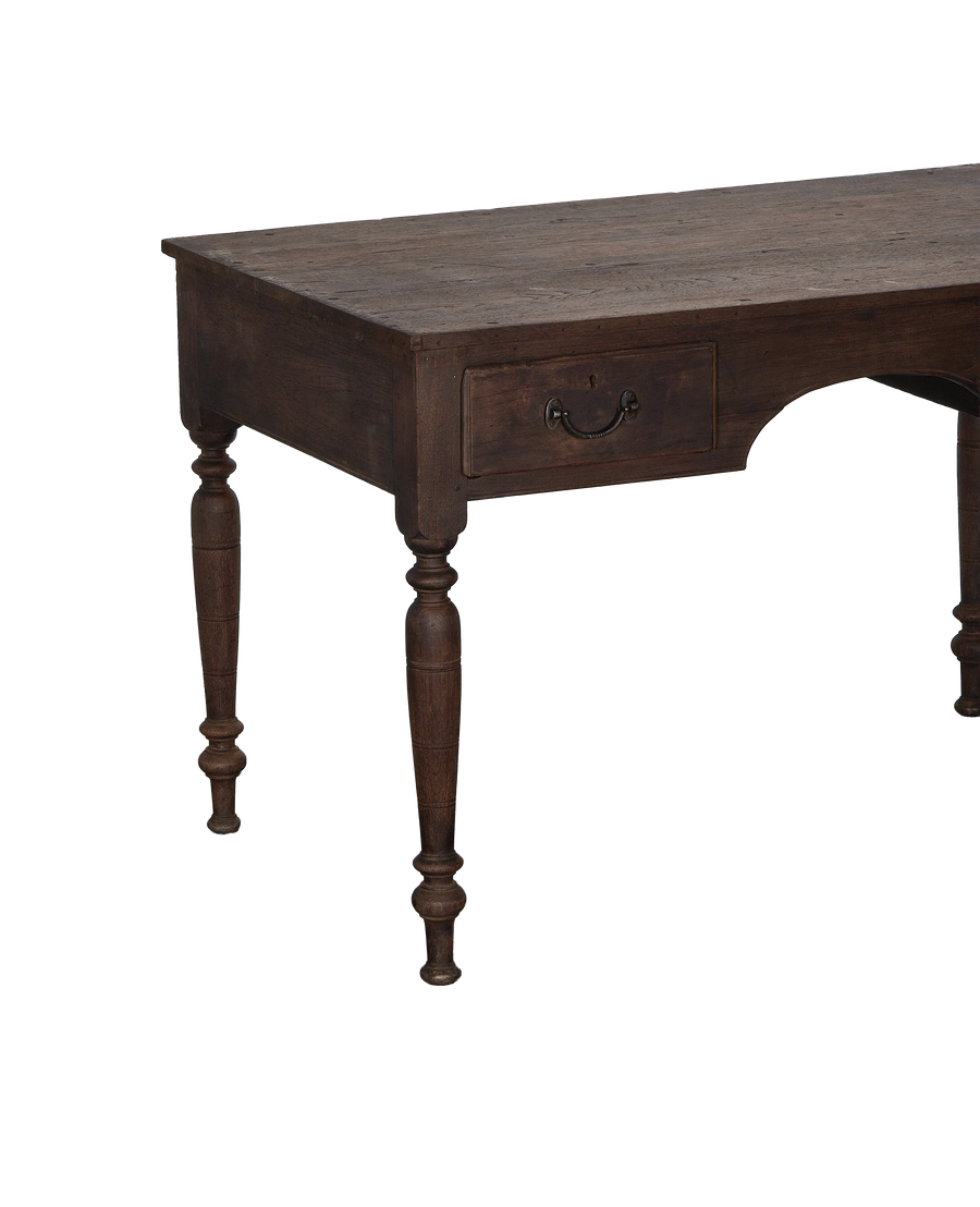 Vintage oak desk, single drawer with keyhole, distressed dark stained wood, India