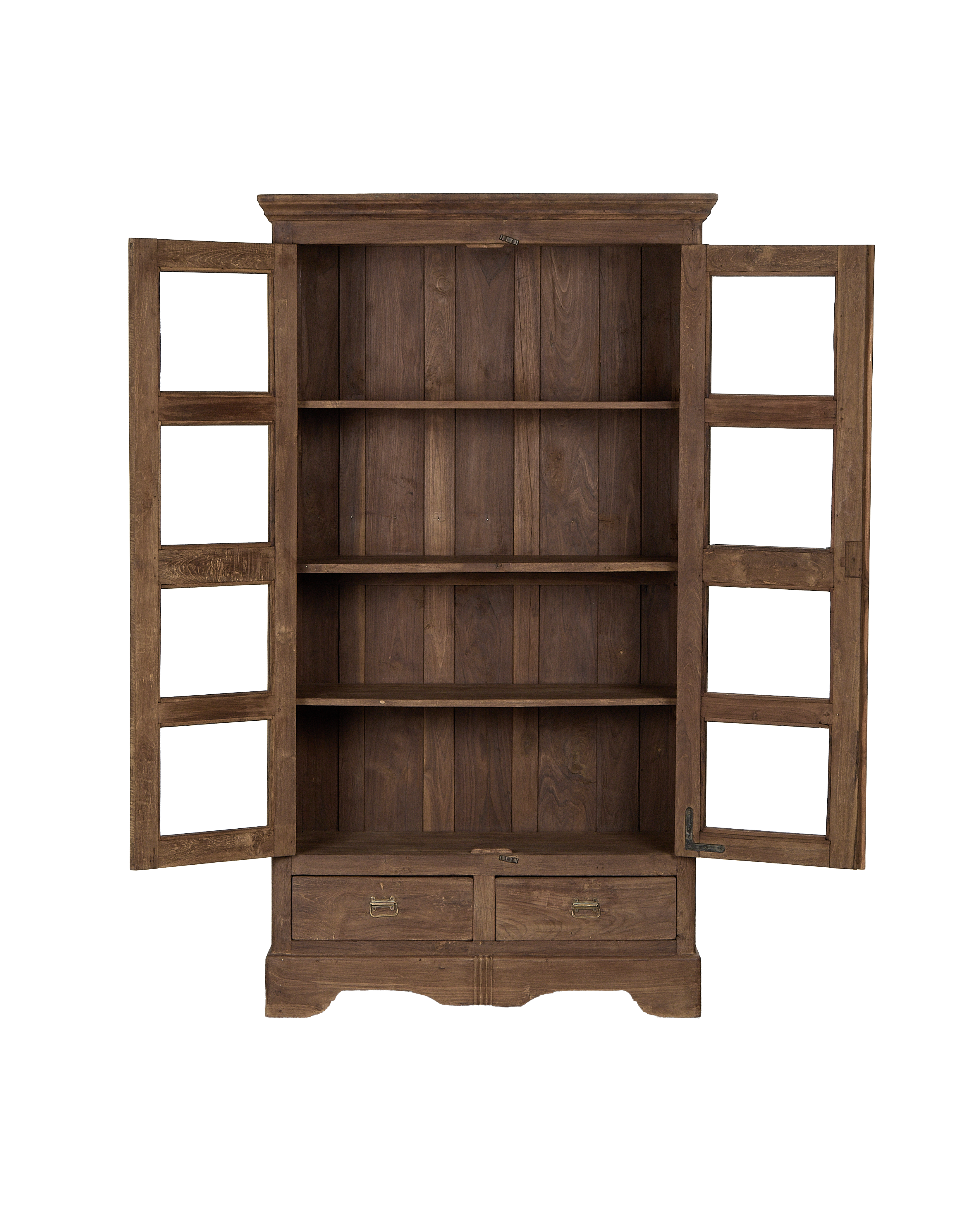 Vintage natural oak wood cabinet from India, doors open revealing