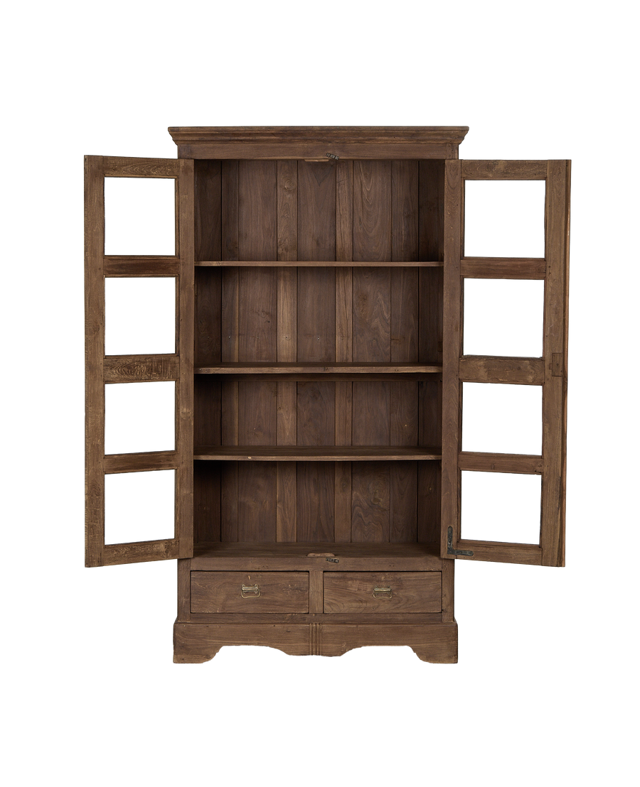 Vintage natural oak wood cabinet from India, doors open revealing