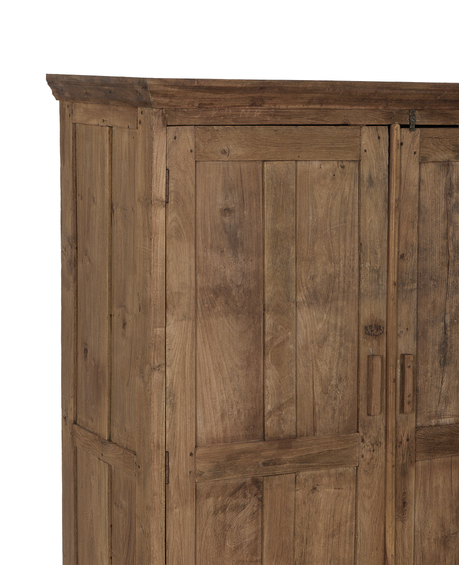Vintage Indian oak cabinet, natural wood grain details,