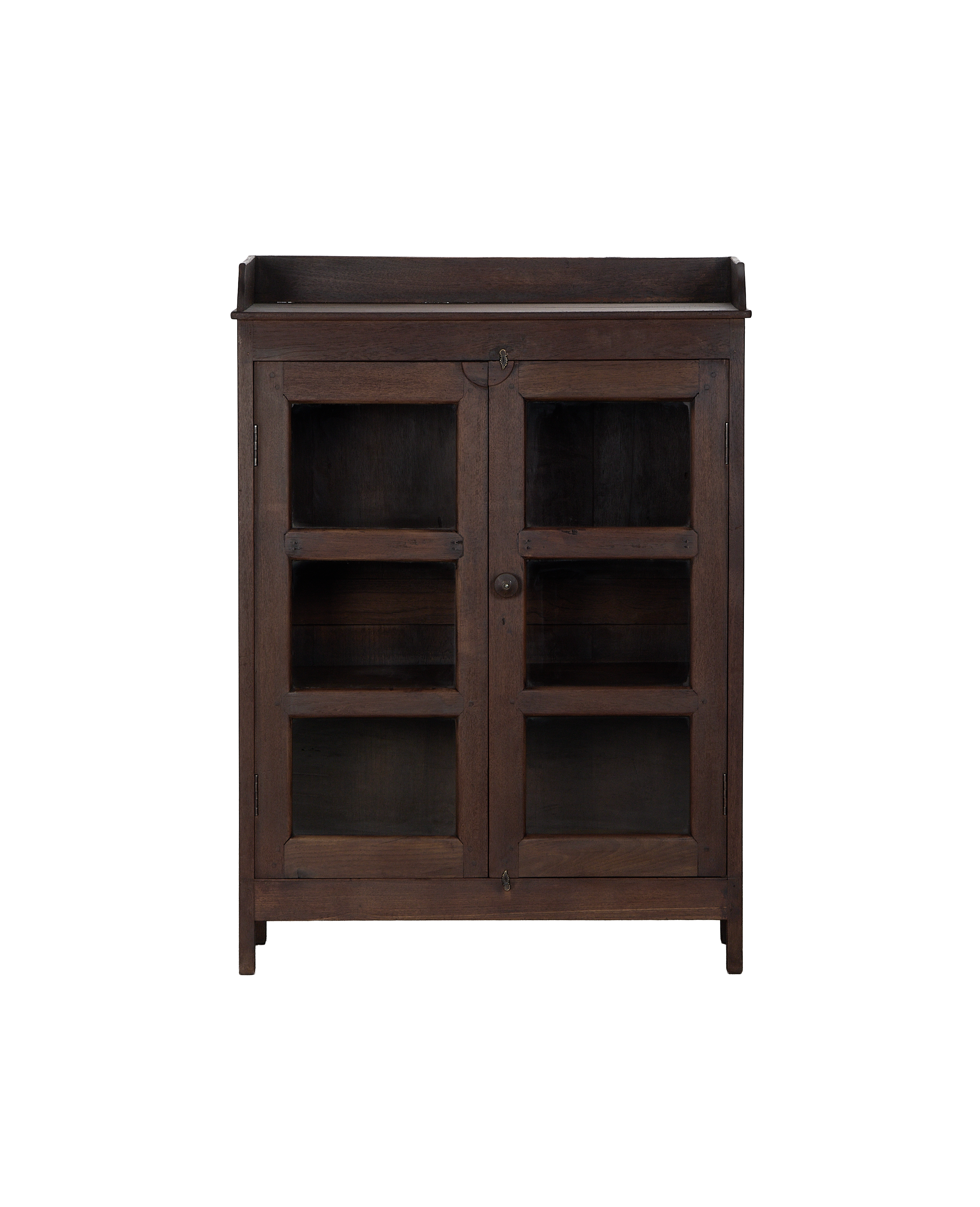 Vintage Indian oak wood cabinet with glass-front double doors and