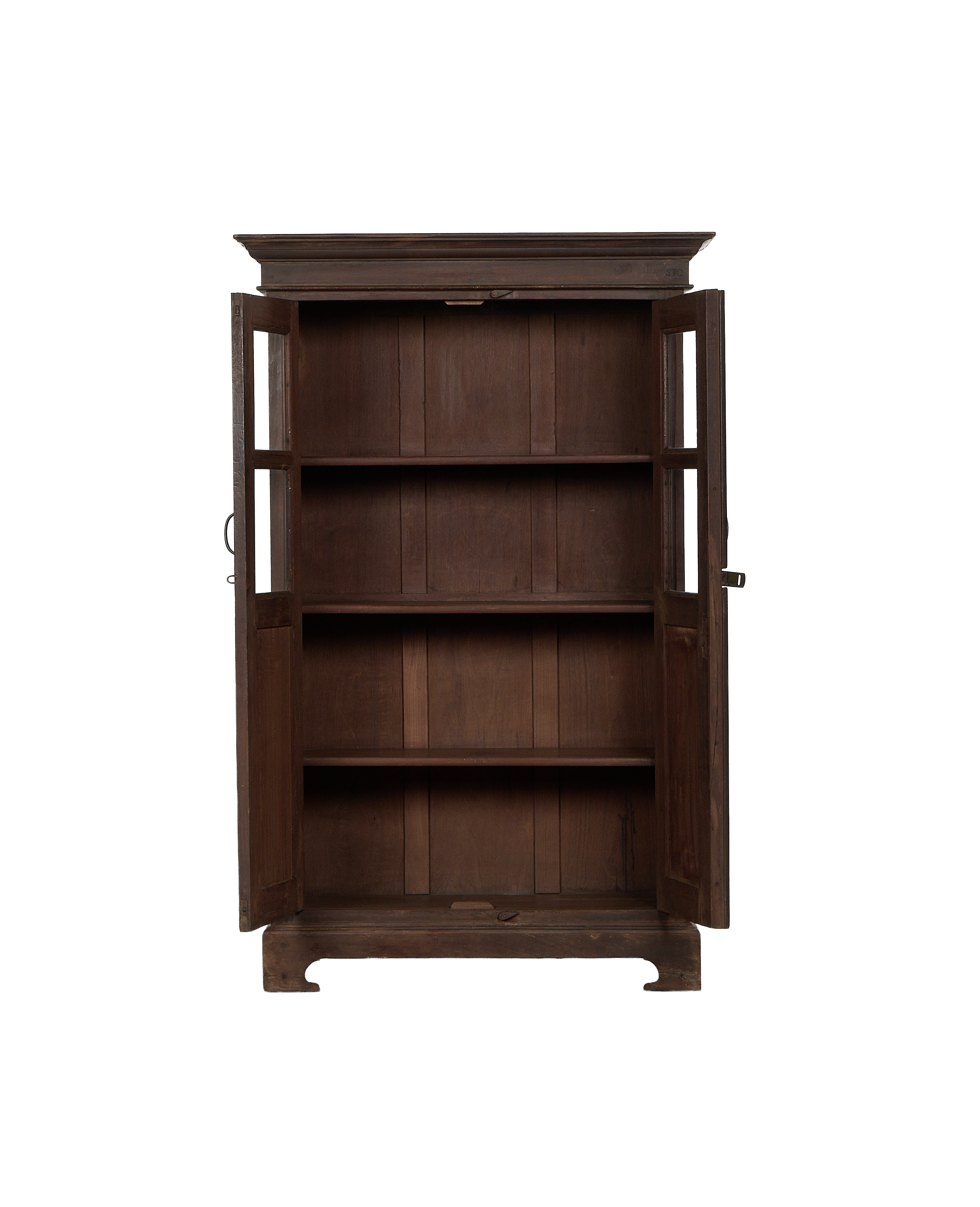 Vintage oak wood cabinet from India with both doors open, revealing two internal shelves.