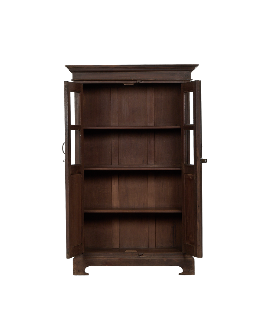 Vintage oak wood cabinet from India with both doors open, revealing two internal shelves.