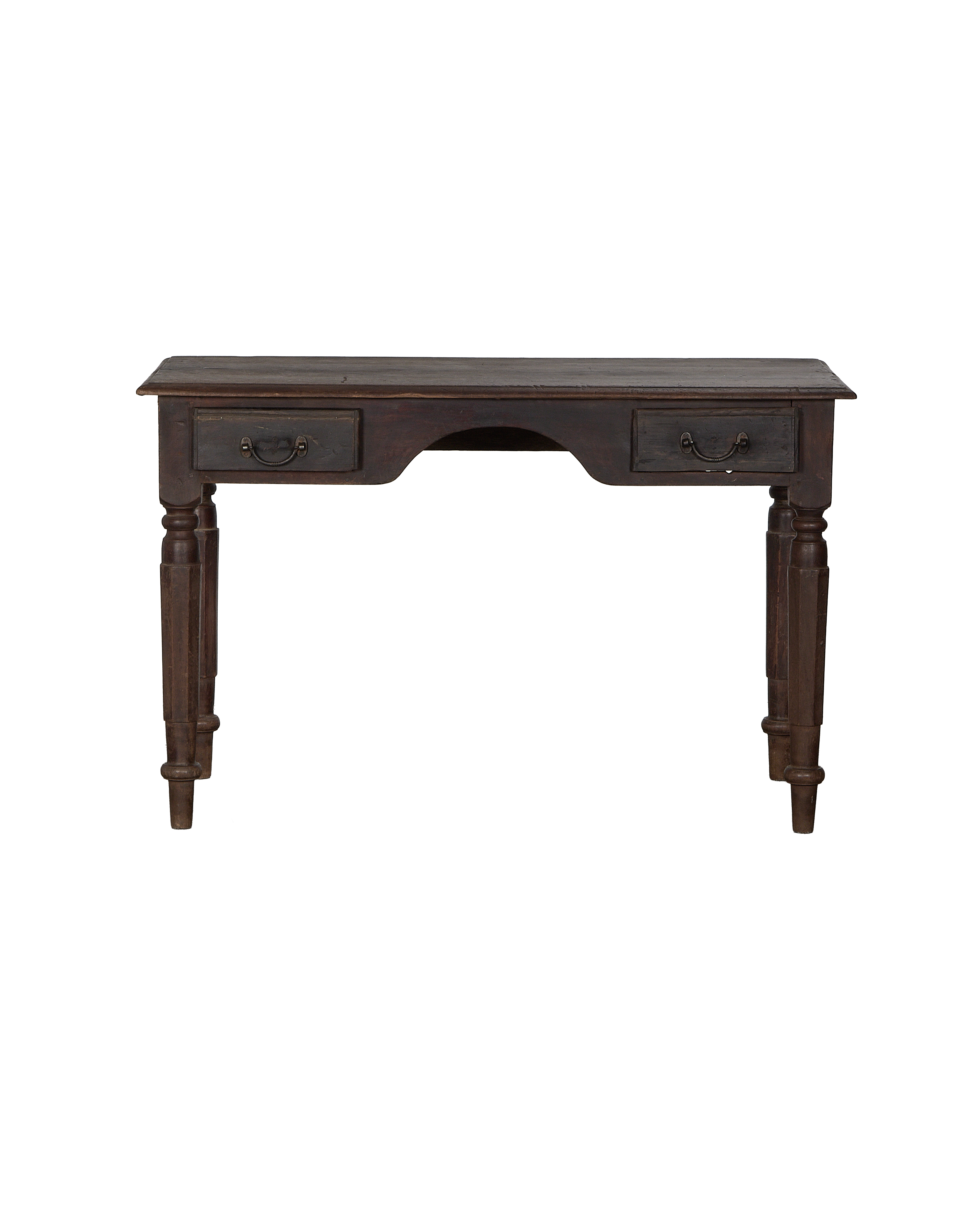 Vintage dark stained oak wood desk with two drawers and turned legs, from India.