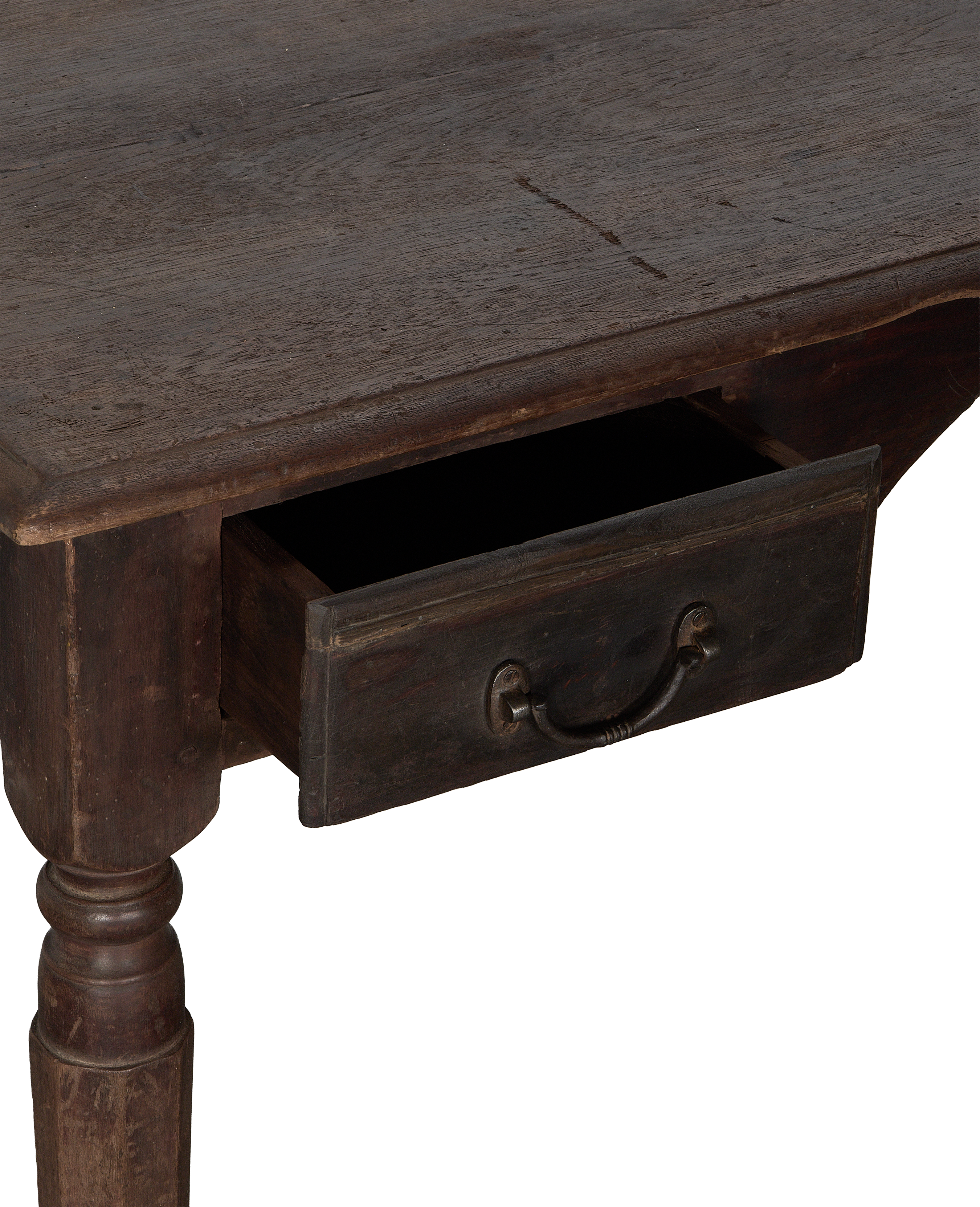 Vintage oak Indian desk with open drawer, detailed