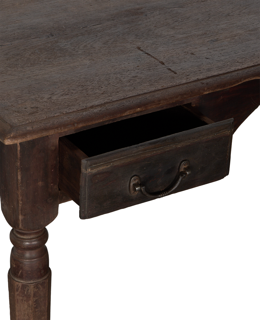 Vintage oak Indian desk with open drawer, detailed