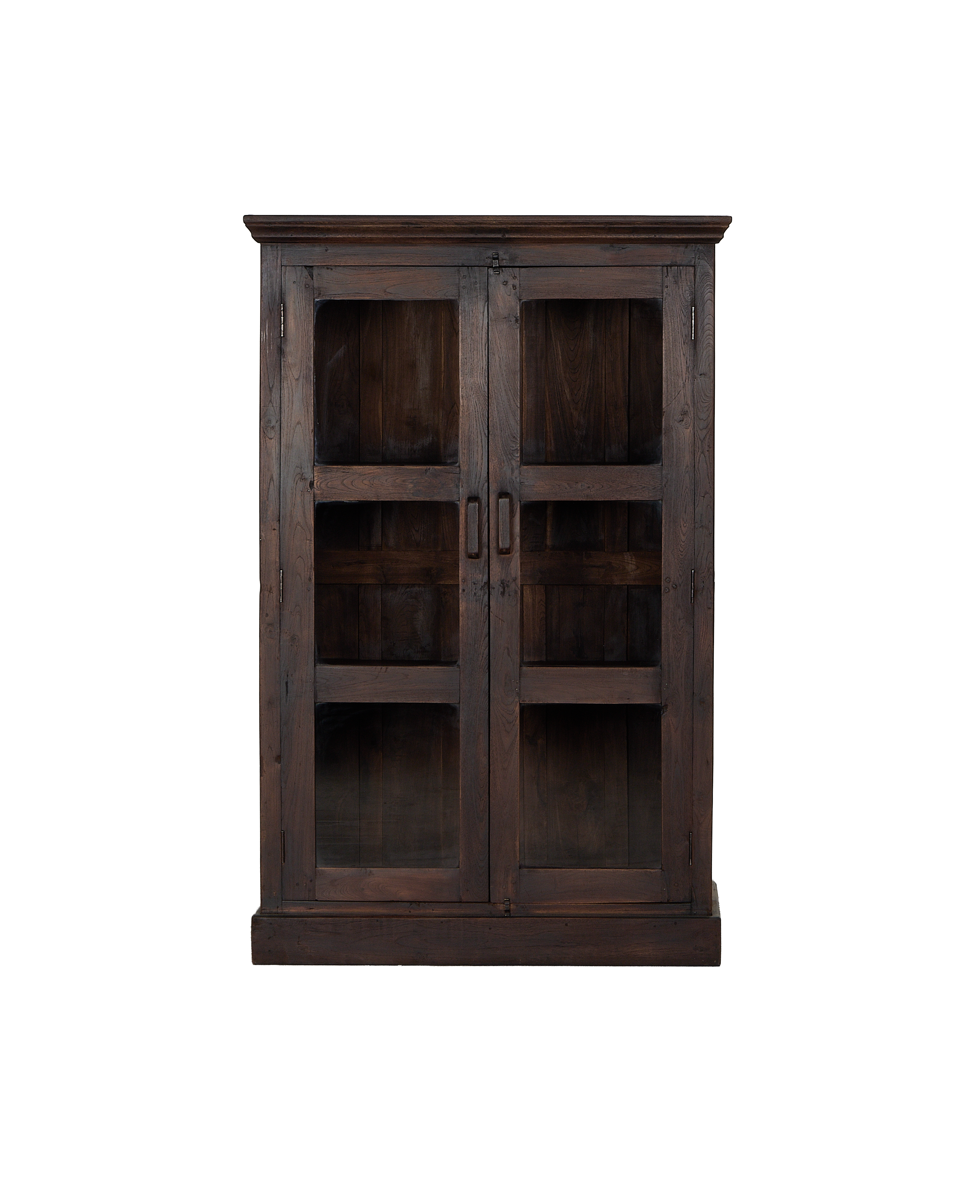 Vintage Indian stained oak cabinet with two paneled glass doors