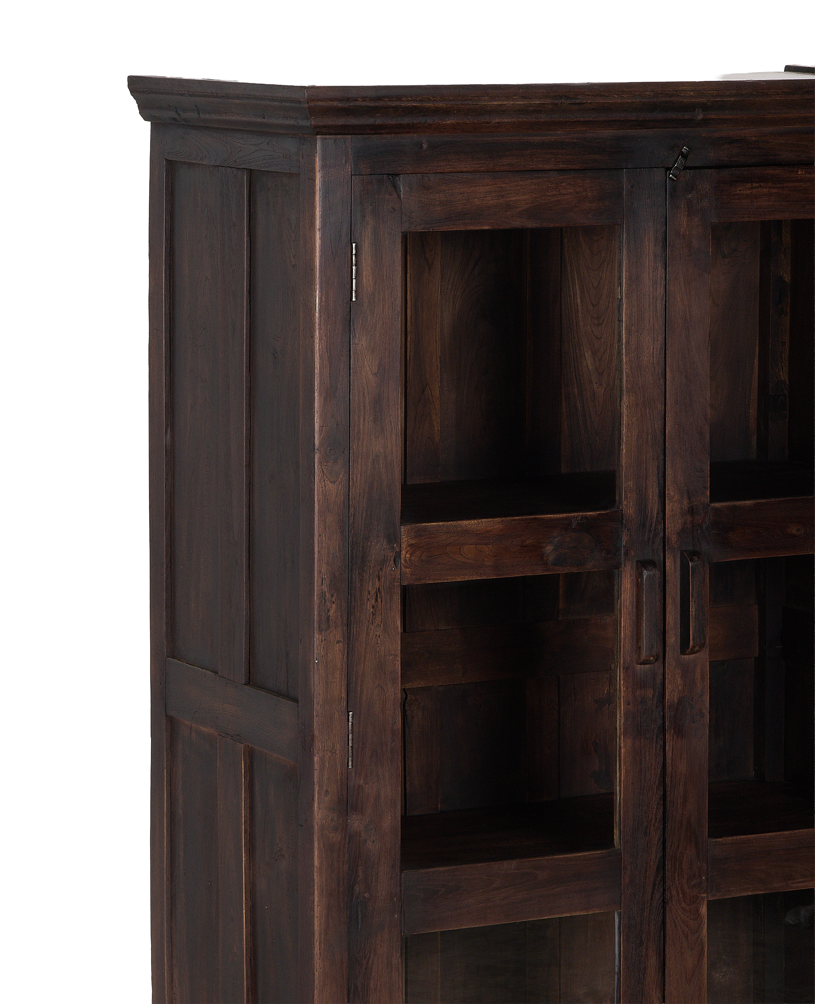 Vintage Indian oak cabinet, dark stained wood, showing