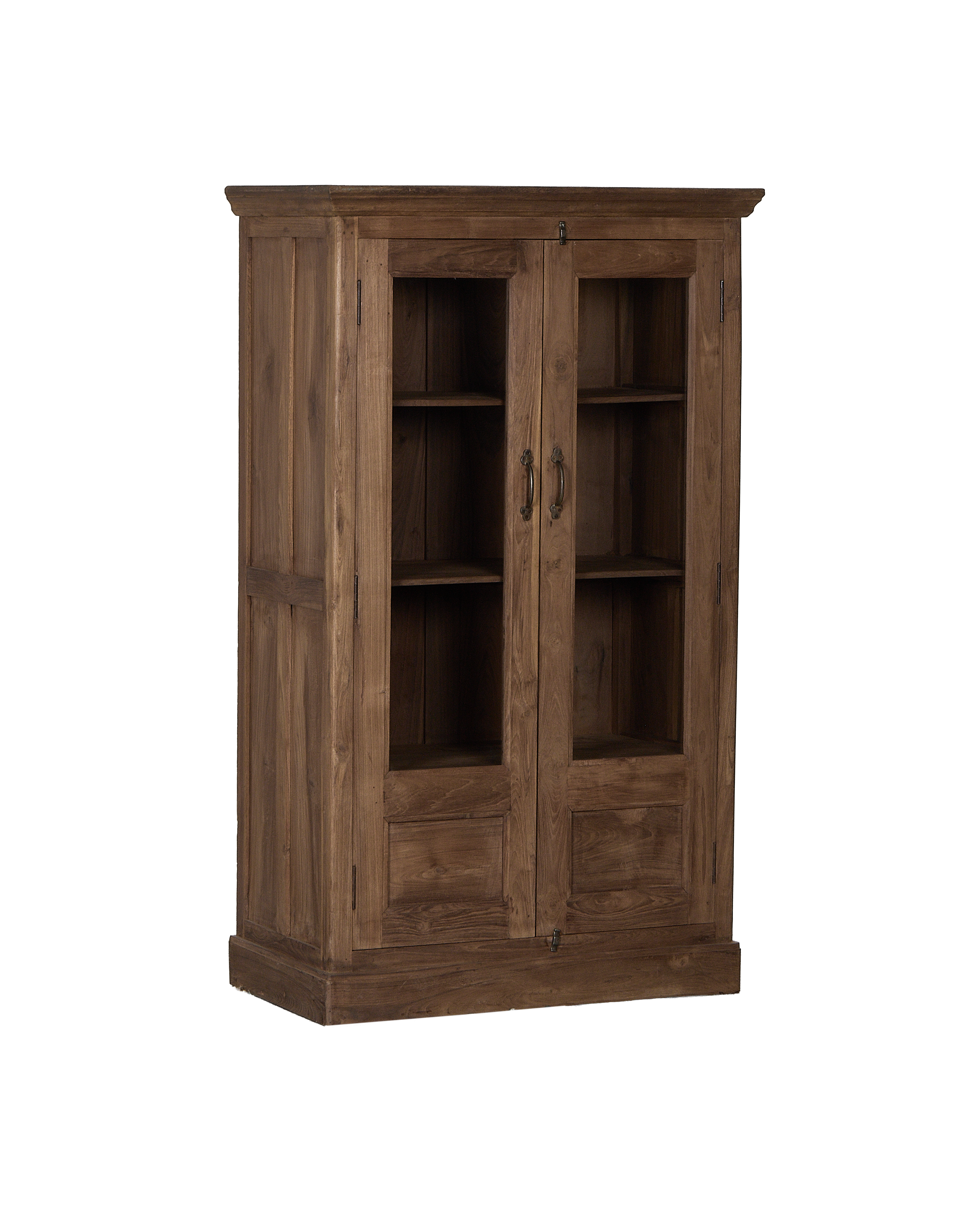 Vintage Indian oak wood cabinet, natural finish, featuring glass doors and brass handles