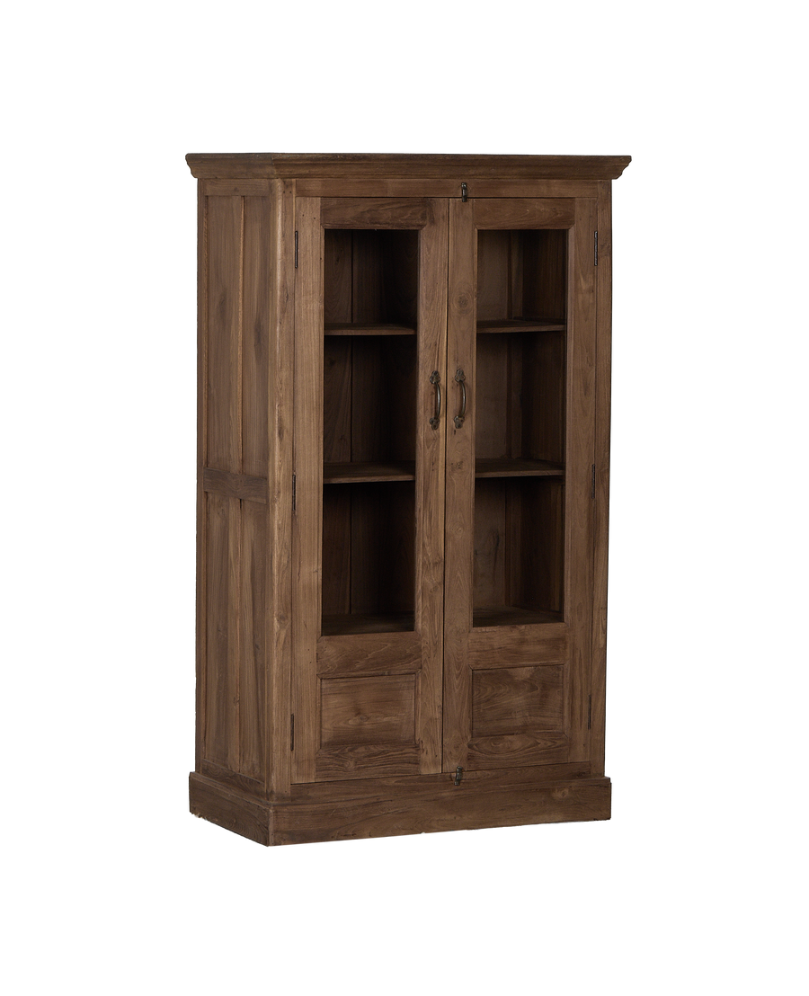 Vintage Indian oak wood cabinet, natural finish, featuring glass doors and brass handles